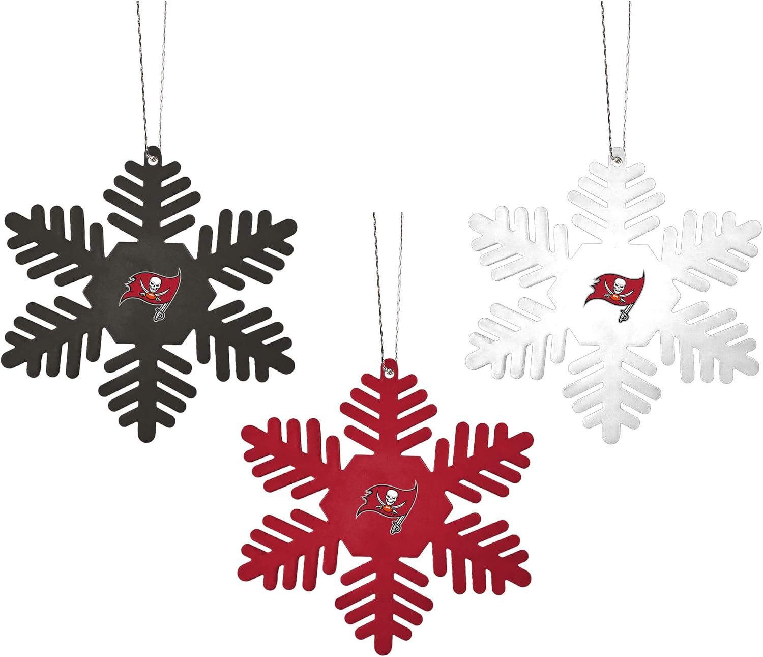 FOCO Tampa Bay Buccaneers NFL Christmas Ornament Set - 3 Piece Multi-Colored Metal Snowflakes Holiday Tree Decoration – Show Your Team Spirit with Officially Licensed Football Fan Decor