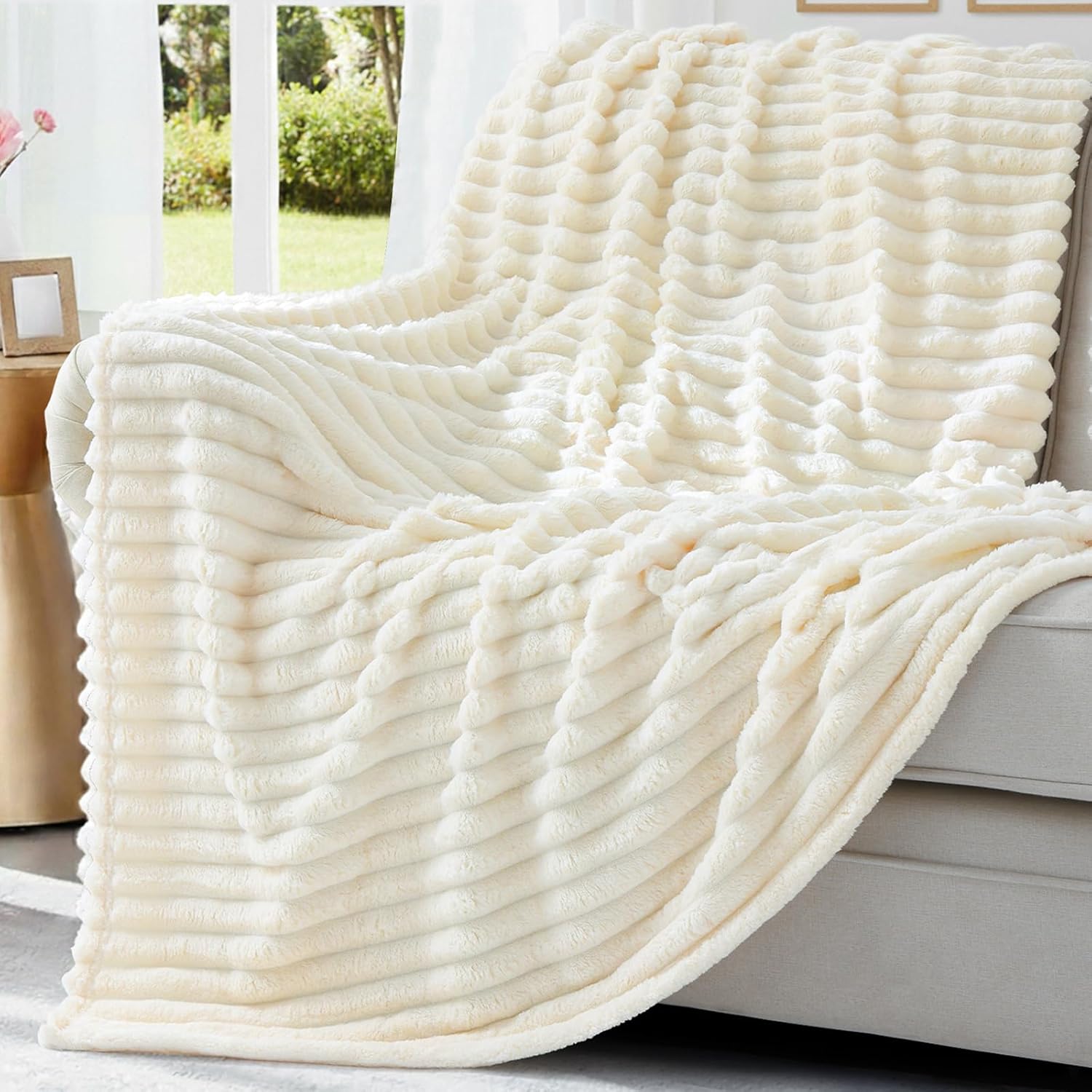 decorUhome Soft Fleece Cream White Blanket King Size for Bed, Cozy Fluffy Plush Flannel Large Striped Throws for Couch Sofa, Lightweight Decorative Fuzzy Blanket for Woman, 108x90 Inches - Image 4