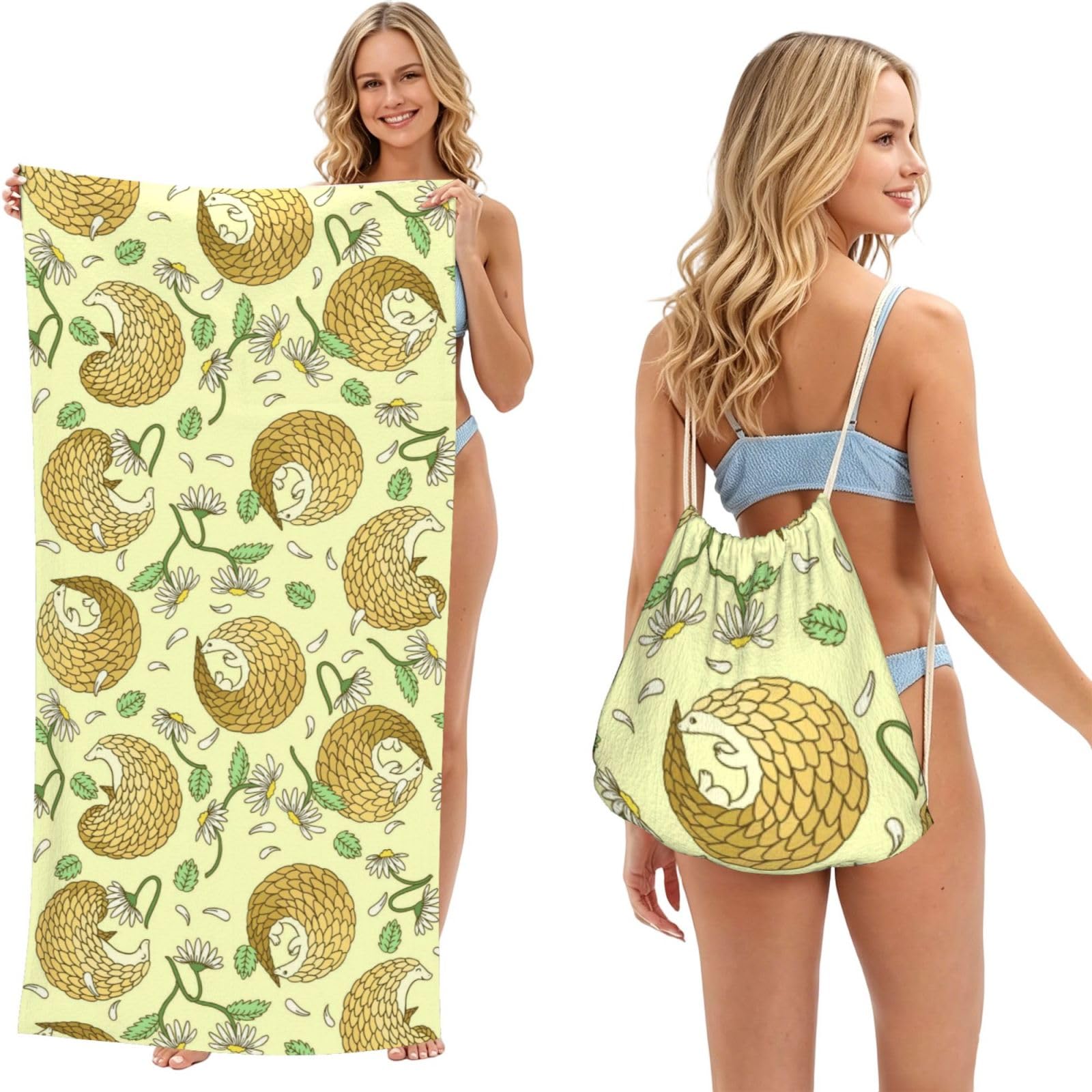 Poadnly As Picture Pangolins And Daisies, 2 In 1 Packable Towel Bag, Beach Towels With Drawstring Backpack For Travel Holiday Camping
