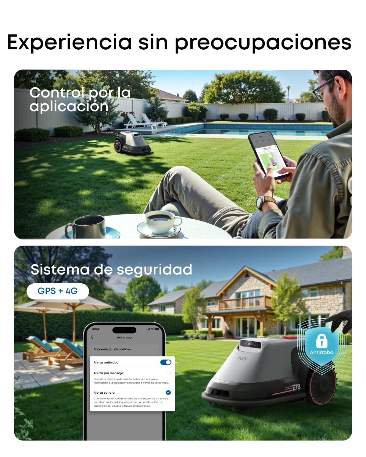 eufy Robot cortacésped E18 sin cable de limitación, Sin fallas de señal, sin RTK, Tecnología TrueVision, Sistema GNSS, Jardín de hasta 1200 m², Corte Preciso Bordes, Evita Obstáculos, Controllo App | Sin fallas de señal, sin RTK, GNSS, jardín hasta 1200 m