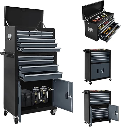 Miniatura 9 de Caja de herramientas con 13 cajones, puerta doble, rodante, 2 en 1, desmontable, caja de herramientas con cajones y ruedas, gabinete de herramientas
