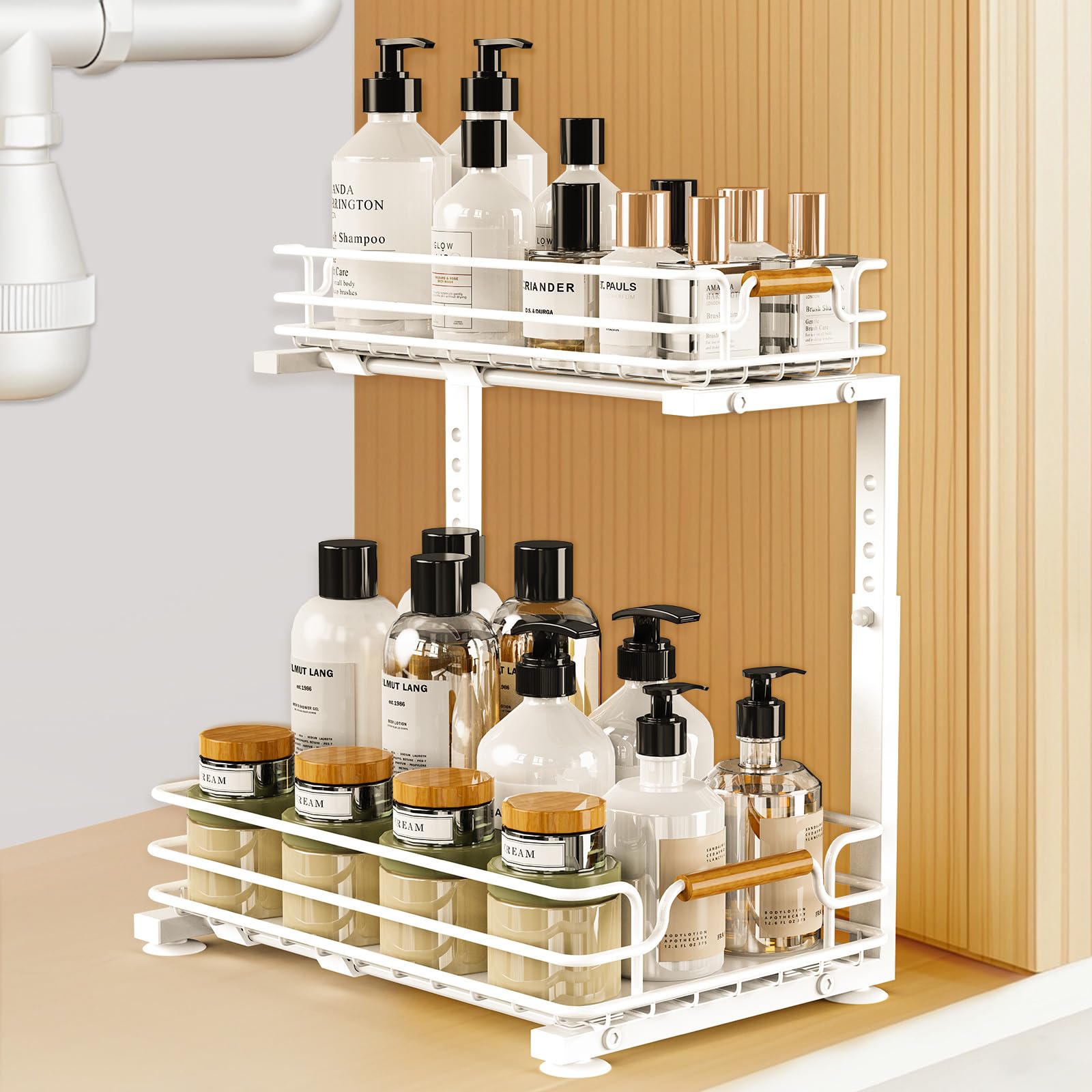JYPS Kitchen Organiser, 2 Tier Metal Under Sink Storage Slide Out Shelf, Height Adjustable Sink Kitchen Storage