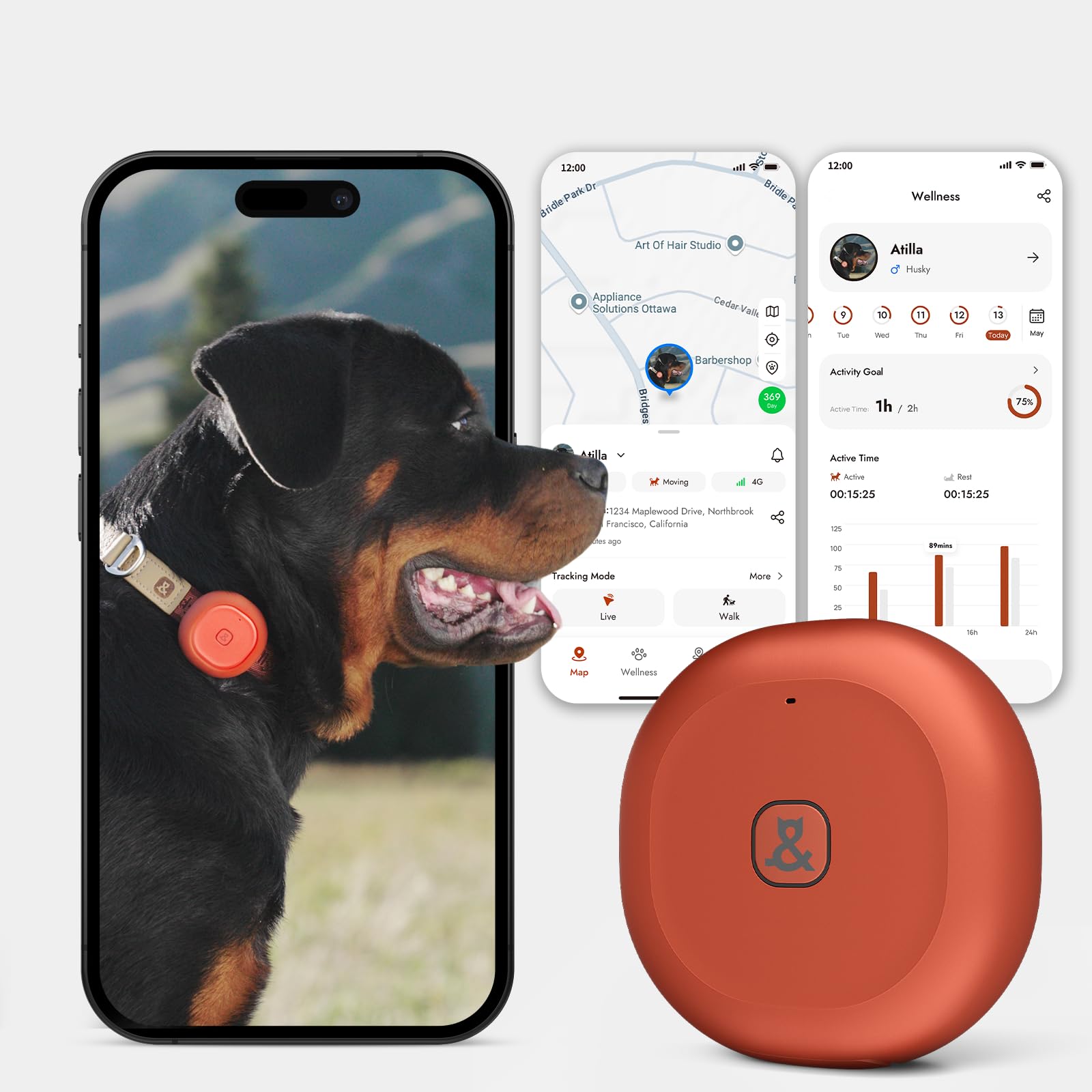 GPS + Bluetooth Pet Tracker for Cats & Dogs – Real‑Time Tracking, Virtual Fence, IP67 Waterproof, Up to 60‑Day Battery, Health Monitoring, iOS/Android – Subscription Required (Red)