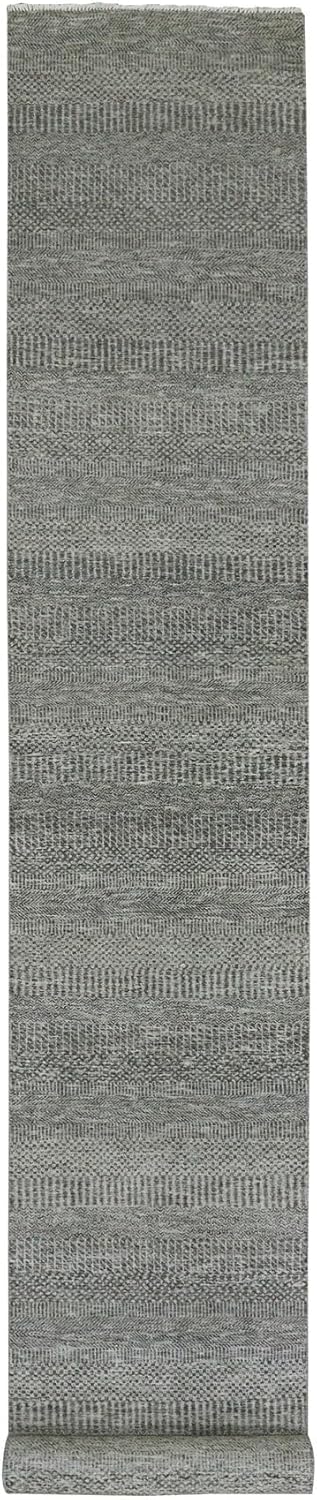 Steeple Gray Modern Pure Undyed Wool Grass Design Tone on Tone XL Runner Hand Knotted Oriental Rug (2'7"x15'10")