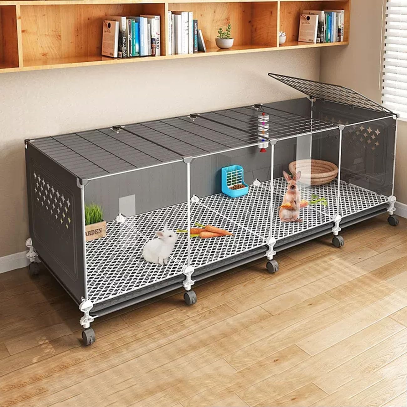 140cm DIY Indoor Rabbit Cage, Transparent Front Small Animal Hutch with Pull-Out Tray, Large Habitat for Rabbit and Guinea Pig, Black
