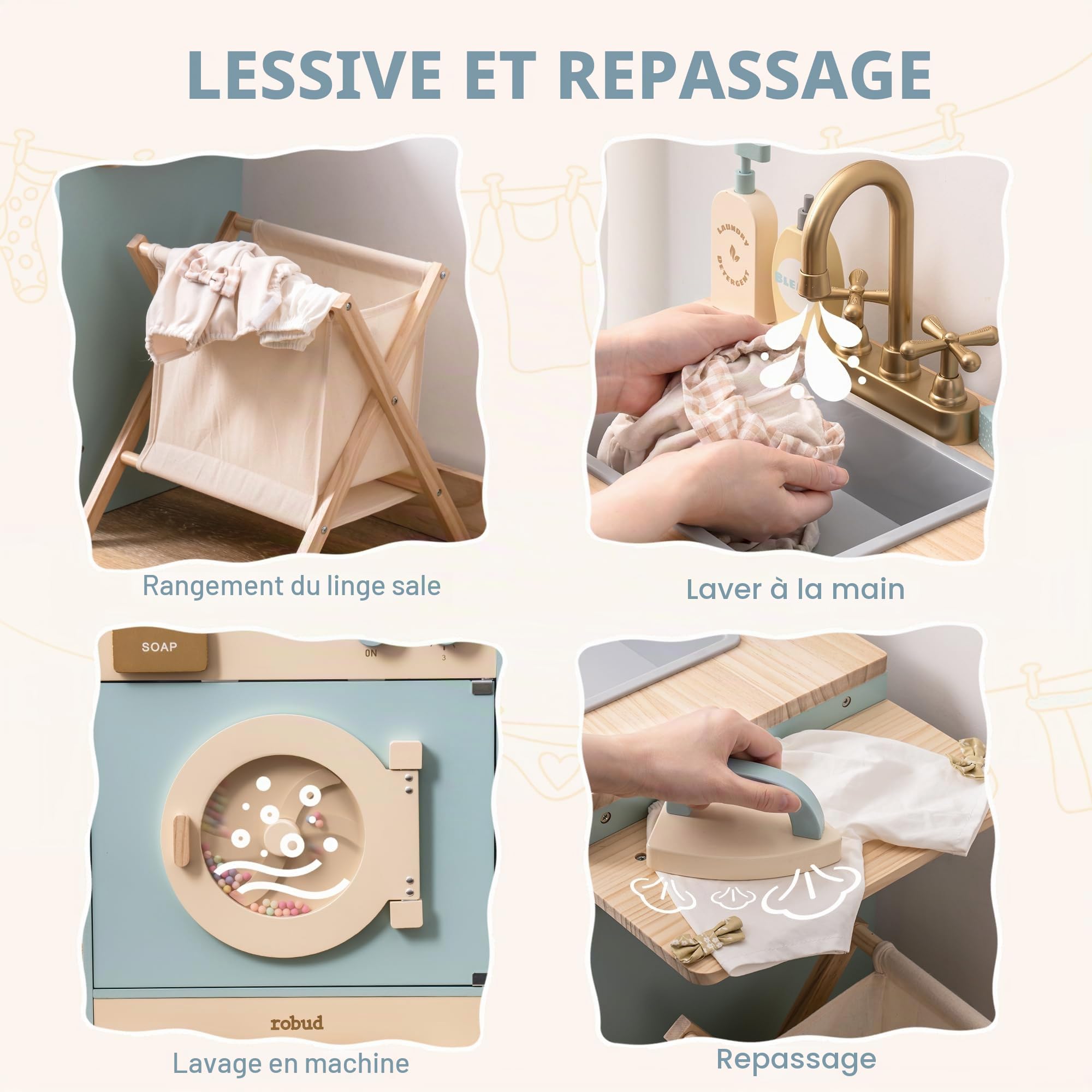 ROBUD Machine à Laver en Bois pour Enfants avec Panier à Linge, Planche à Repasser, détergent et Plus Encore. Convient aux Enfants à partir de 3 Ans.