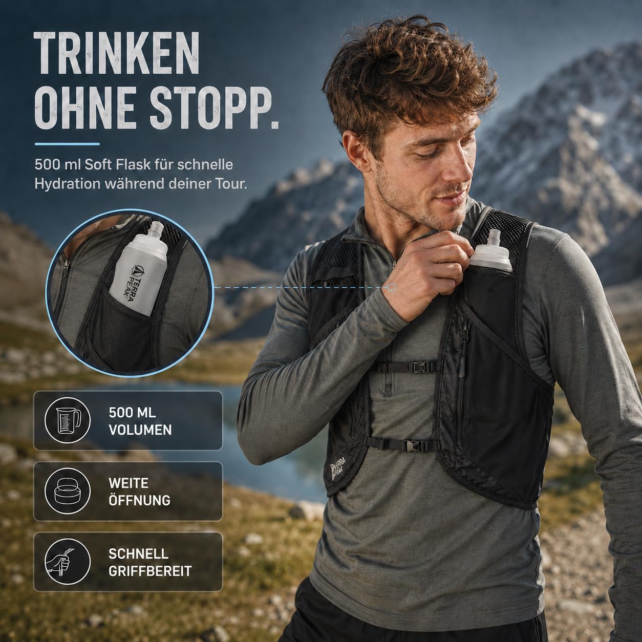 Terra Peak® VENA Laufweste 500ml Trinkflasche - Trinkweste Trinkrucksack Laufen Damen Herren S/M Schwarz Reflektierend - Trail Running Vest Hydration Pack mit Trinkblase-Fach, Stockhalter