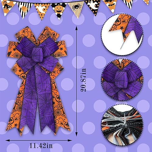 Miniatura 2 de On-Airstore Arcos de corona de Halloween, lazos de arpillera de tela de araña naranja y morado, 11.42 x 20.87 pulgadas, estilo gótico, ocasión de