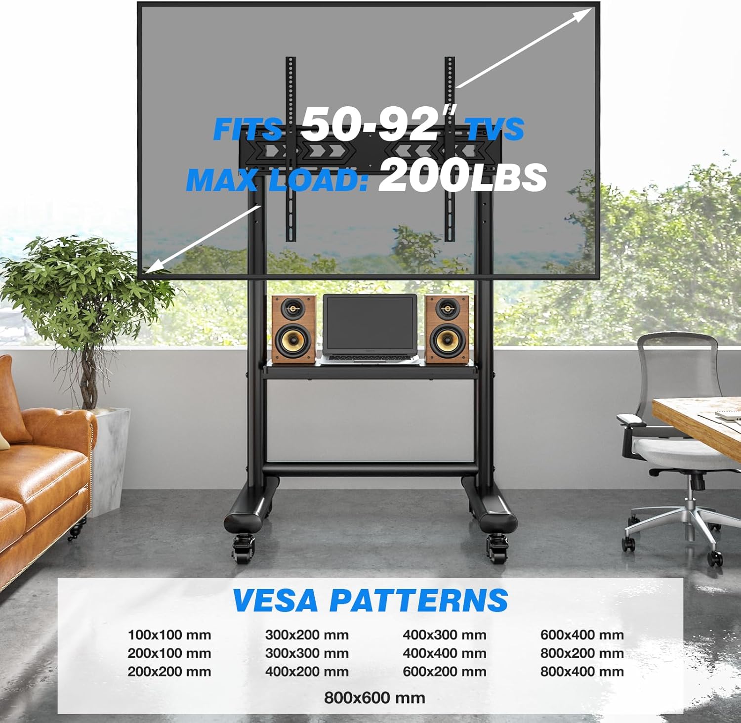 Diagram showing VESA patterns and TV size compatibility for the stand