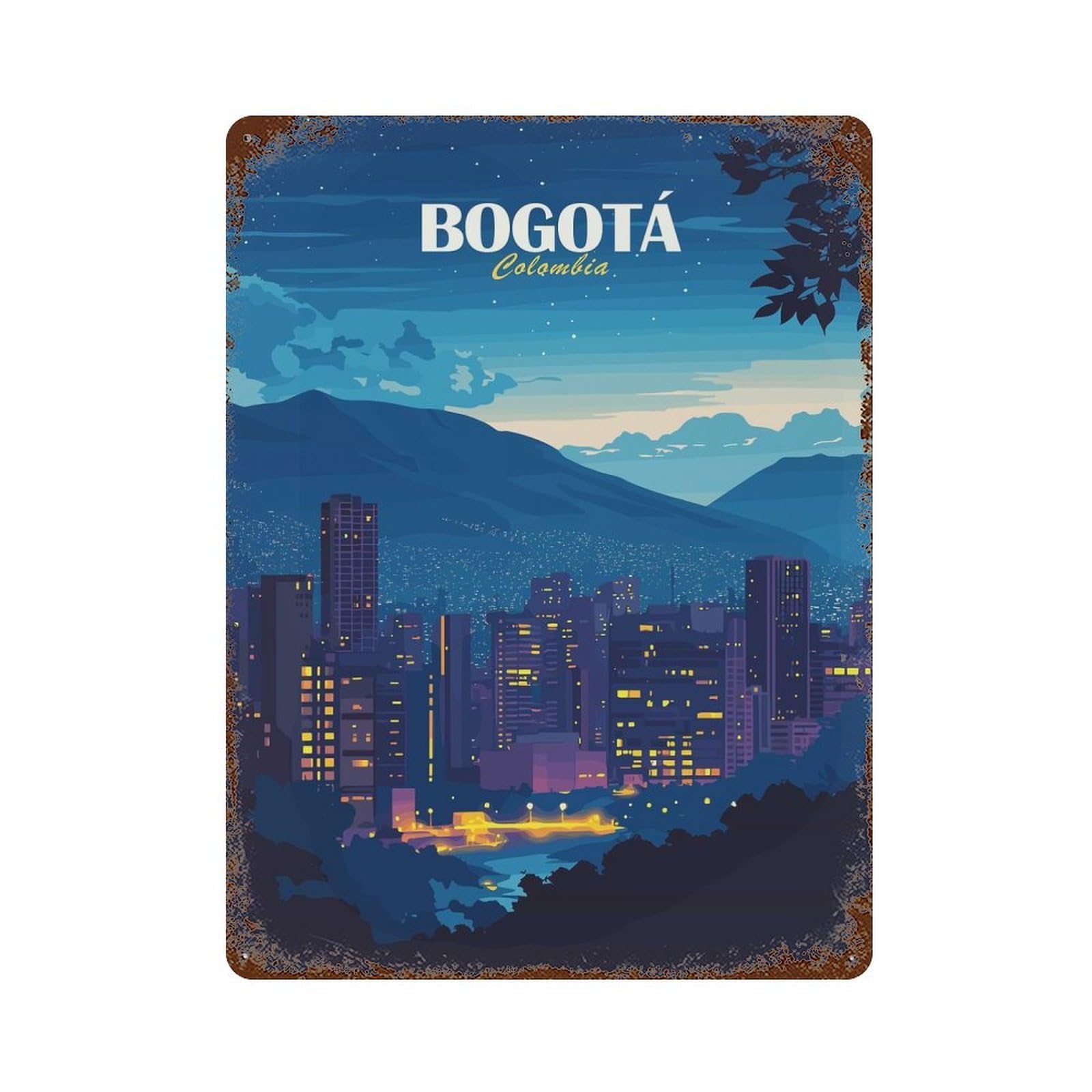 Bogotá Colombia Cityscape at Night Vintage Wall Sign 15.7"x11.8", Rust Effect Metal Decor for Office, Studio And Wall Decor