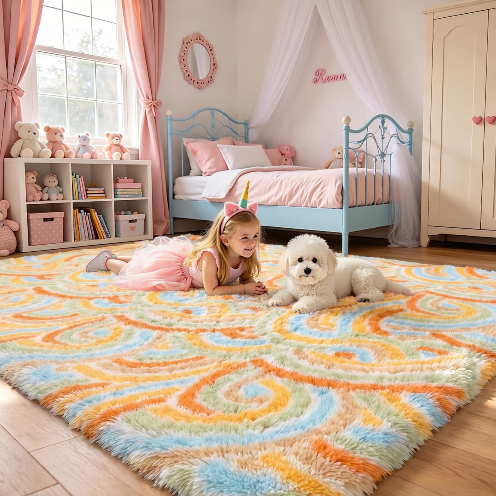 Enyhom Large Rugs Living Room Rainbow Design, Fluffy Cute Kids Rugs Shaggy, Washable Carpet Rug Non Slip Rug for Bedroom Accessories