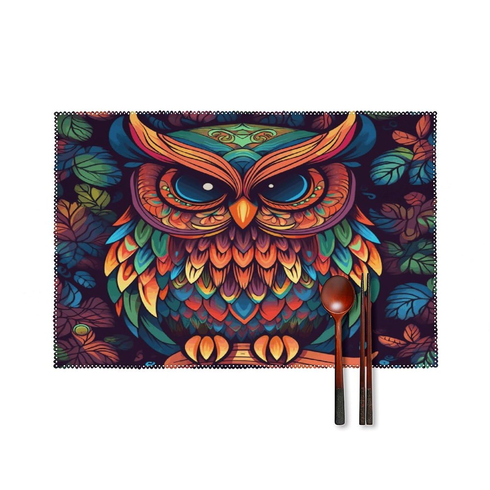 Color Owl Pattern Placemats Set of 4 Heat Resistant Non-Slip Place Mats for Dining Table Washable Placemat Wipeable Dining Table Mat Canvas Place Mats Dining Table Decor