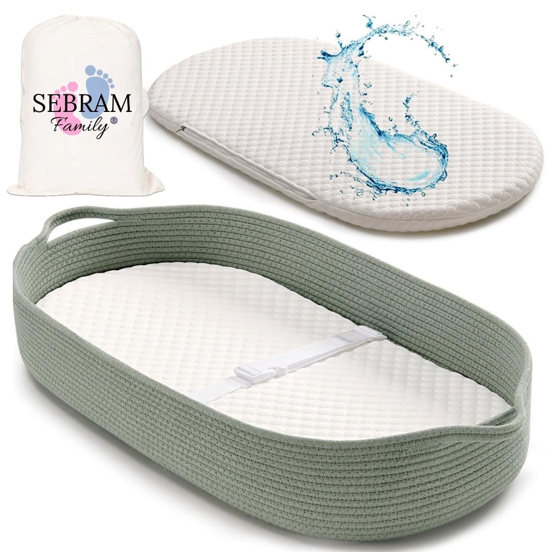 Cesta Fasciatoio per Neonati – Cestino Portatile con Materasso Impermeabile – Fasciatoio da Tavolo o da Viaggio – Moses Cestino per Comò – Design Verde Decorazione Stanza Bambino (Verde)