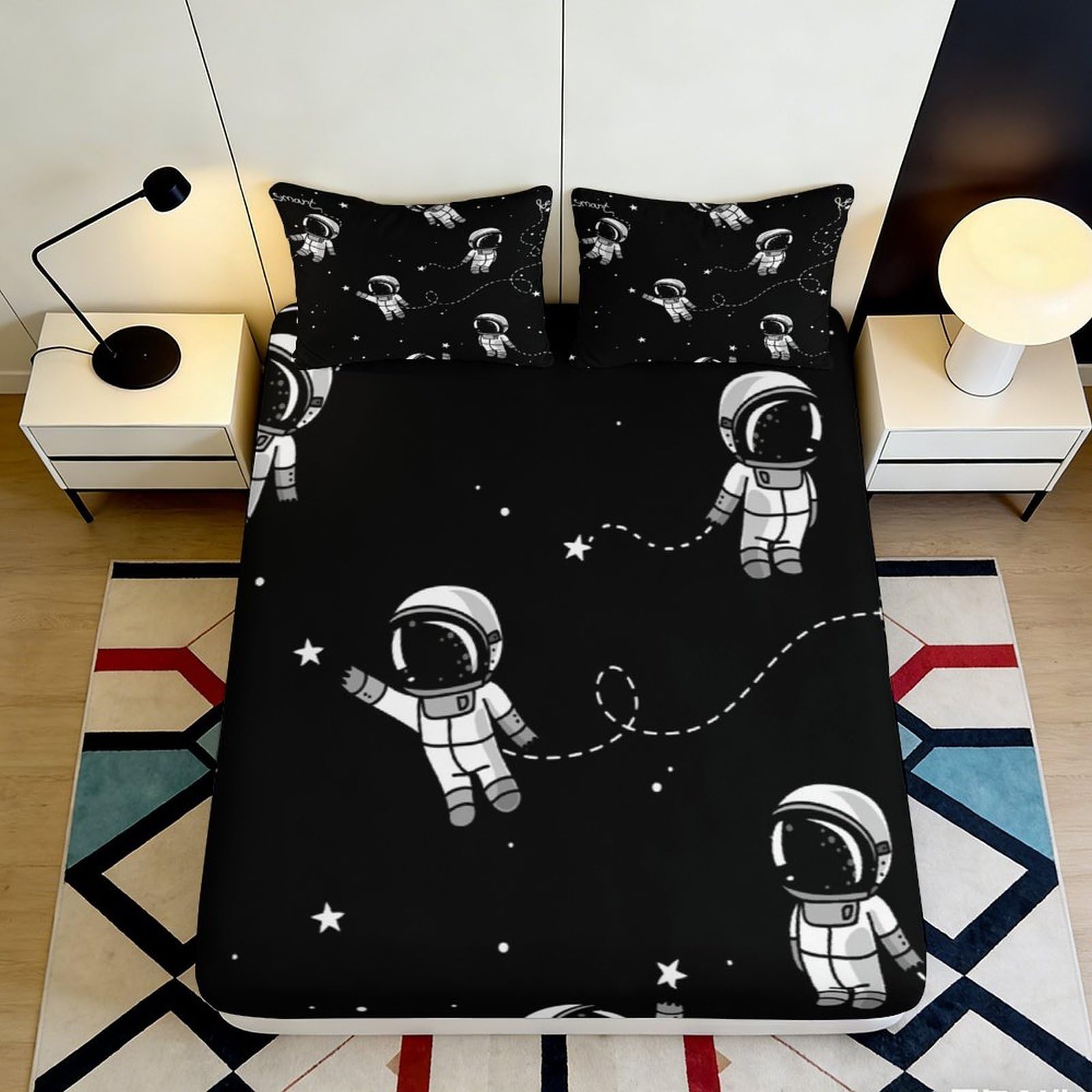 3D Printed Astronaut Pattern Fitted Sheet Microfiber Soft Breathable Space Theme Bed Cover for Bedroom Dorm Dormitory Guest Room Mattress Protection 180x200x25cm