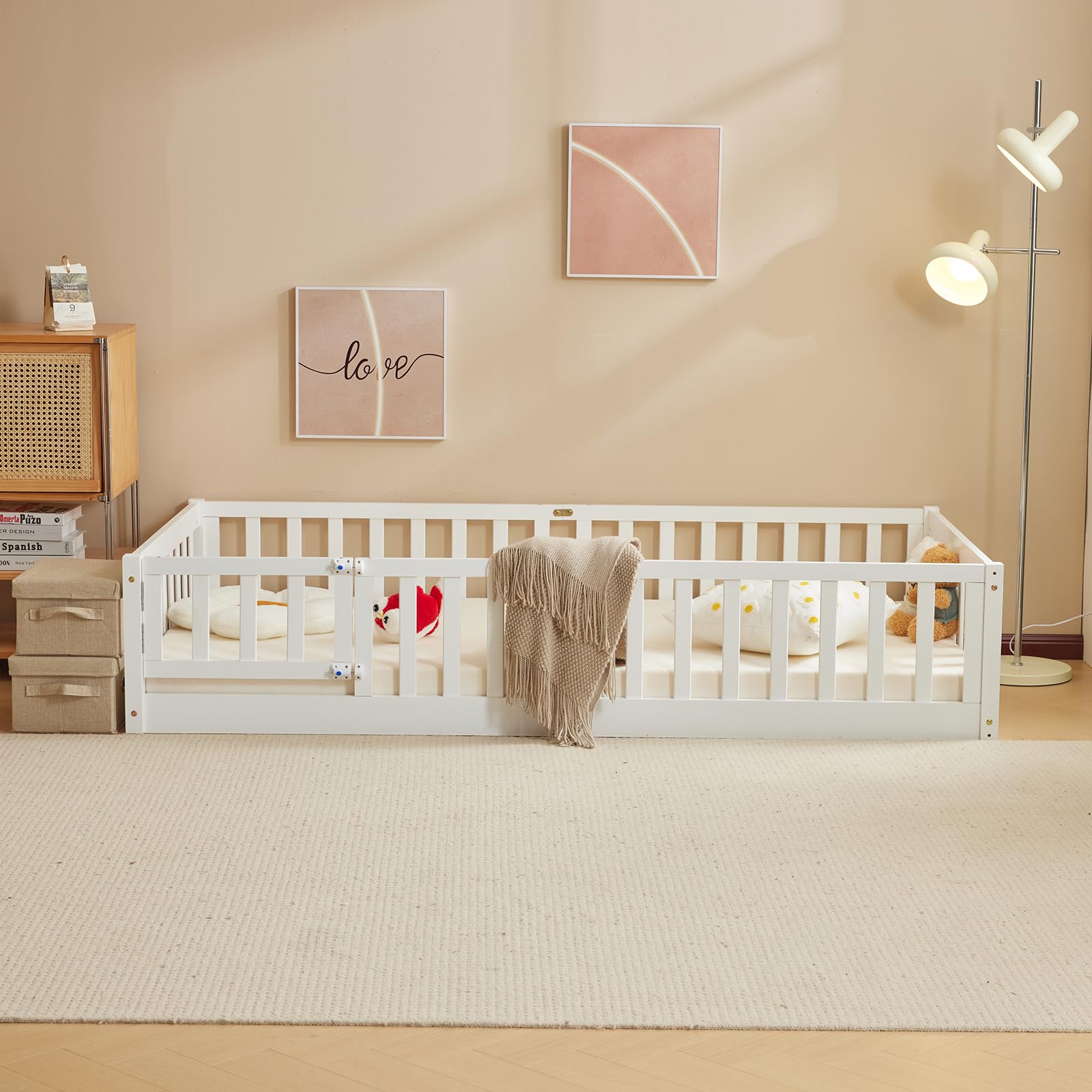 Bonnlo Lit Enfant 90x200, Lit Montessori au Sol Enfant en Bois, pour Chambres d'enfants, pour garçon et Fille,Blanc