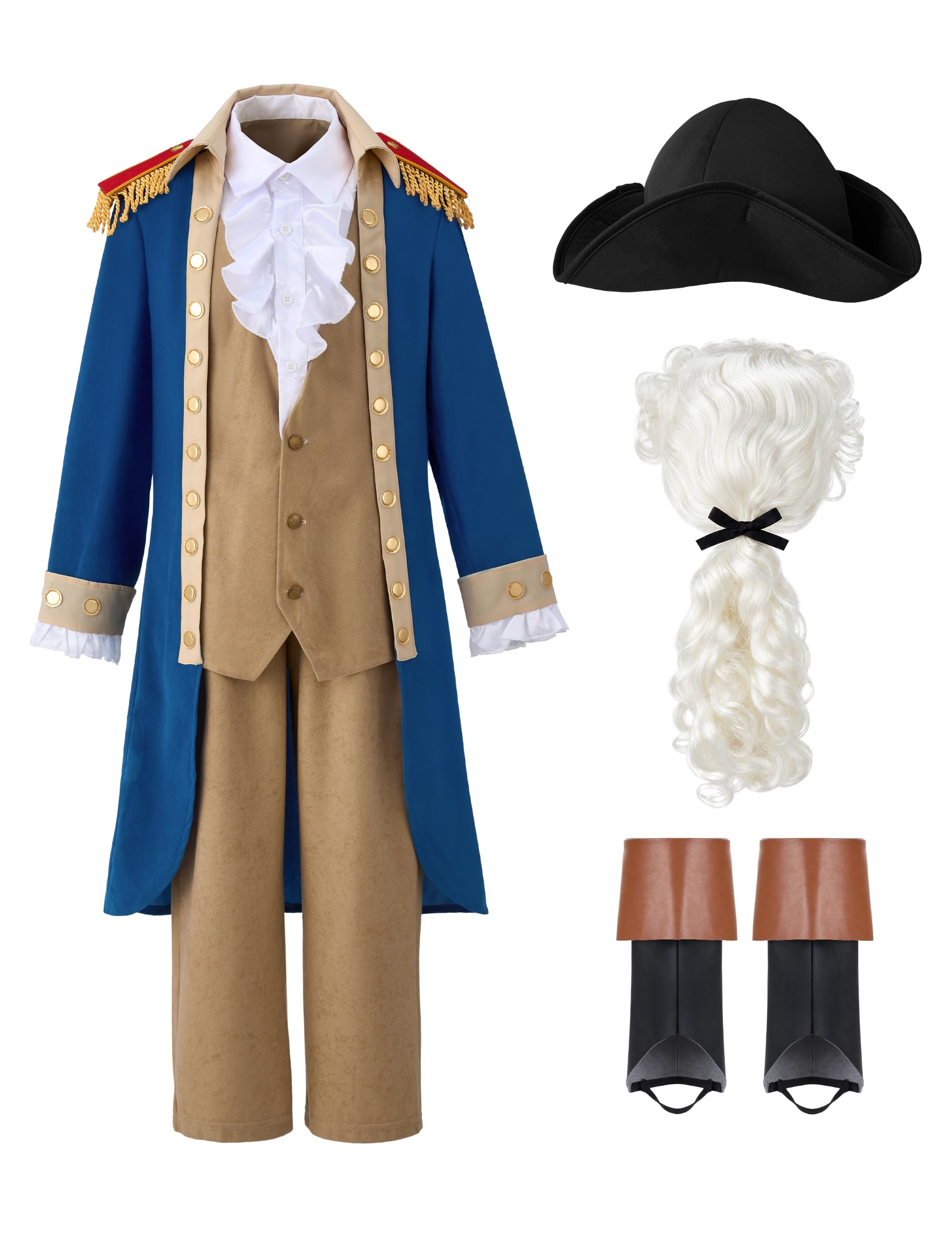 Spooktacular Creations George Washington Costume for Kids, Colonial Boys Costume with Wig and Hat for Halloween DressUp Party