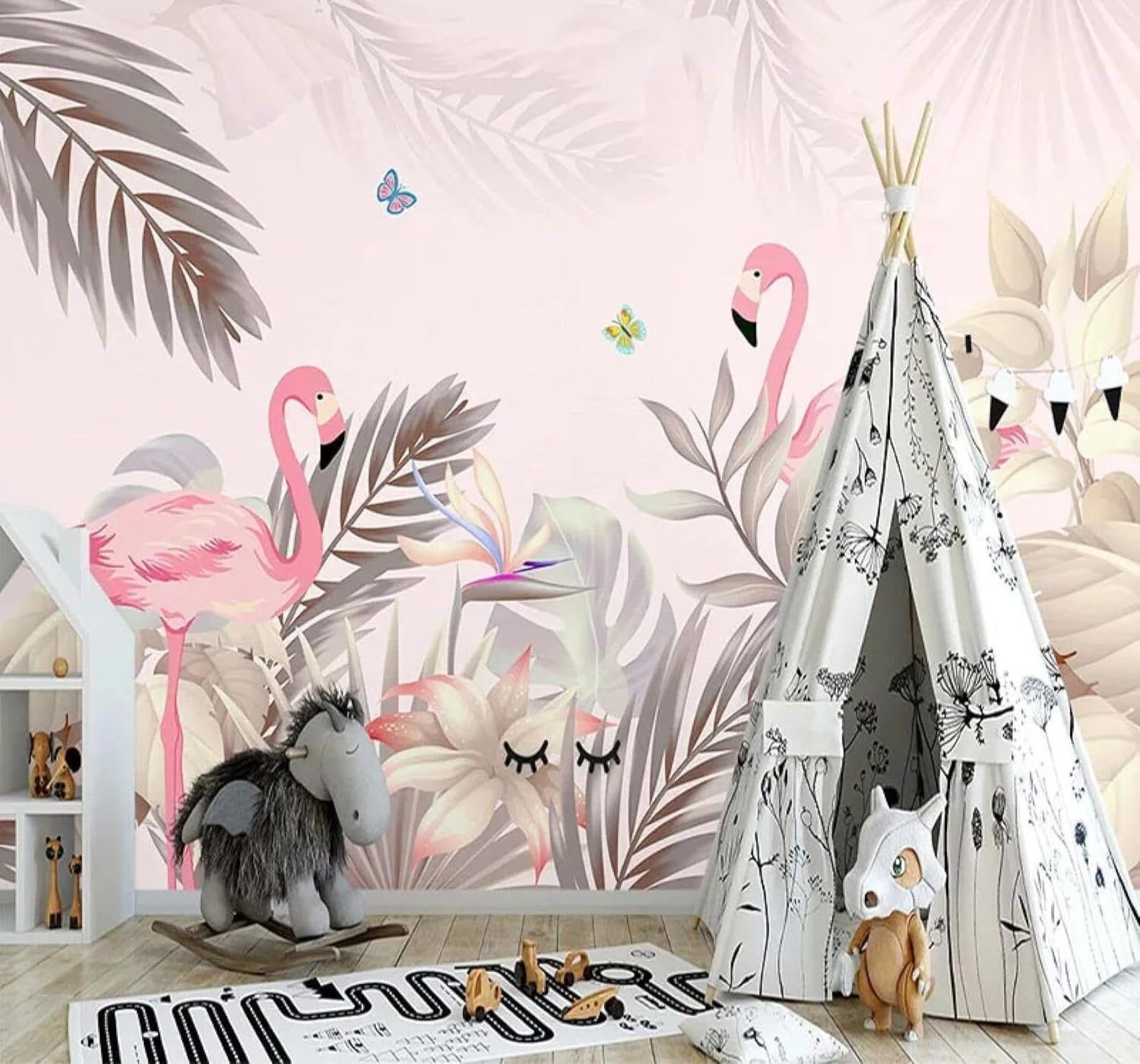 XLMING Hand Drawn Pink Palm Leaves Flamingos Butterflies 3D Wallpaper Luxury Home Dining Decor Paste Sofa Living Room The Wall for Bedroom Mural-250cm×170cm