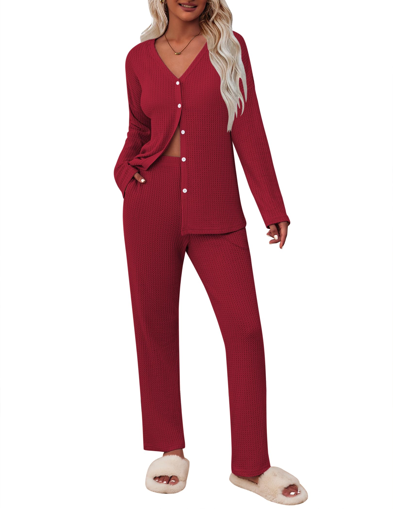 ACEVOG 2 Piece Waffle Knit Pajamas For Women Lounge Sets Long Sleeve Button Down Pajama Sets with Pockets