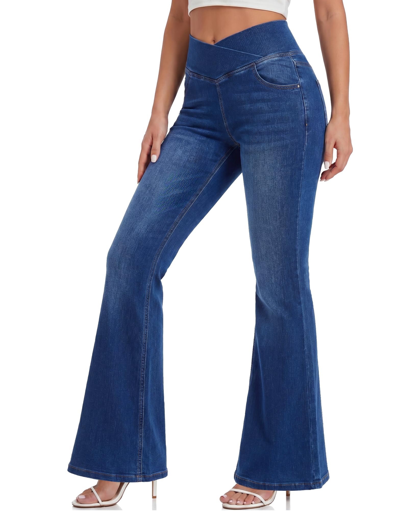 LaiEr Jeans da Donna a Zampa, Vita Alta con Incrocio a V,Pantaloni Yoga Slim Casual.Pull on Pantaloni in Denim Morbido ad Alta Elasticità con Bootcut Jeans con Effetto Baffi di Gatto