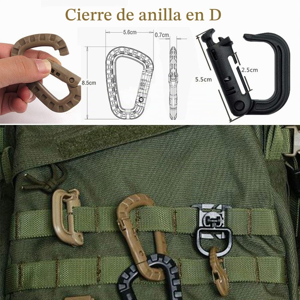 48PCS Tactical Gear Clip Set Accesorios De Correas Molle para Mochila Táctica Bolsa Chaleco Cinturón Soporte Llavero De Nailon, Anillo En D Gancho para Colgar con Bloqueo Botella De Agua Clip (Caqui)