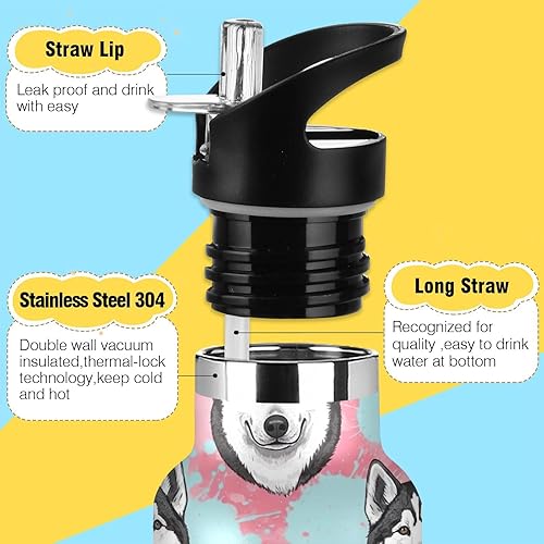 Miniatura 3 de Kids Water Bottle for School, Kids Stainless Steel Water Bottle for Travel or School 20 Oz, BPA-Free, Black White Husky Dog
