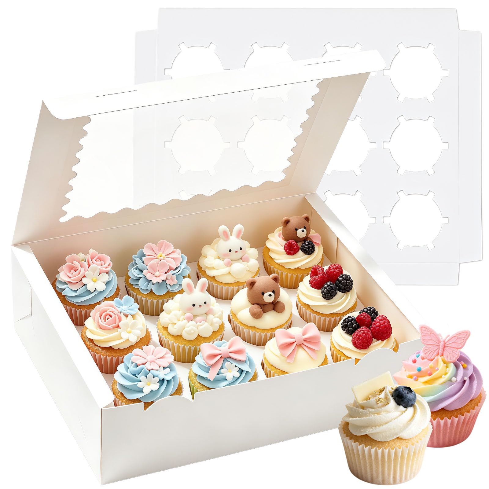 RONGZUBAT 10 Pack White 12 Hole Cupcake Boxes with Clear Window and Inserts, 33 x 24 x 7.5 cm Cardboard Cake Boxes for Muffins, Pastries, Bakery Orders and Parties