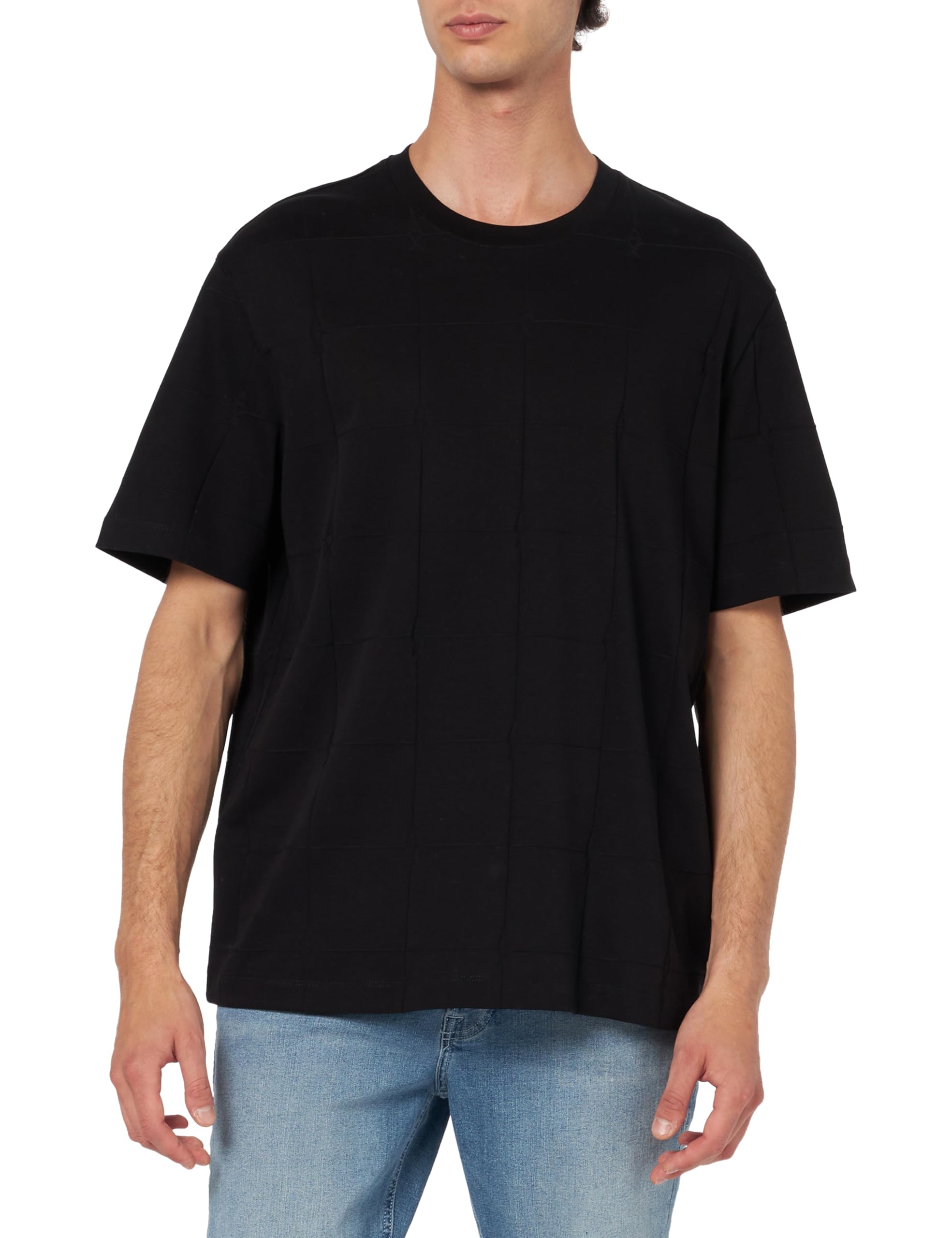 Armani Exchange Men's Jacquard Grid with Vertical Stacked Ax Logos Oversized Fit Tee T-Shirt, Black, XXL