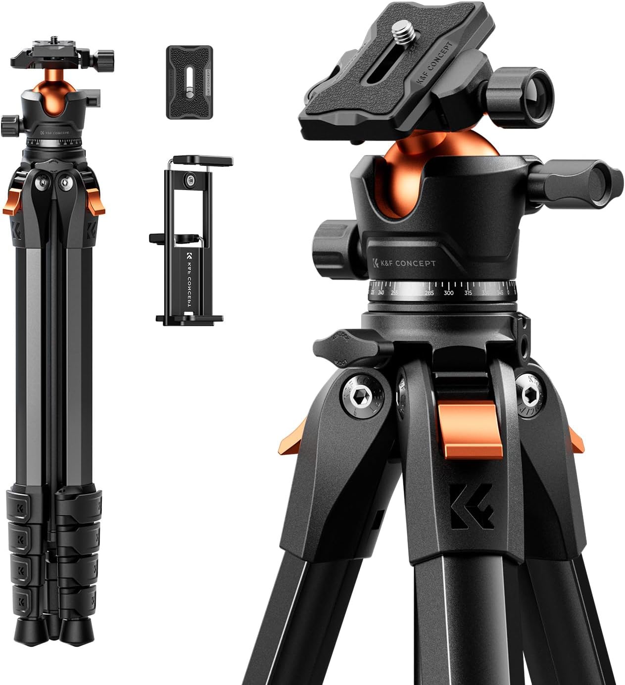 K&F CONCEPT 63" Aluminum Travel Camera Tripod with Arca-Compatible Ball Head, Compact Portable Lightweight Tripod Weighs 2.6 lb, Max Load 22 lb for DSLR Mirrorless Spotting Scope iPhone Teleprompter