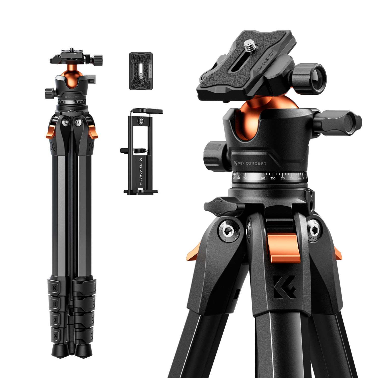 K&F CONCEPT 63" Aluminum Travel Tripod for Camera/Phone, 2.6 lb Compact Lightweight with Arca Ball Head, 22 lb Max Load Heavy Duty for DSLR Mirrorless