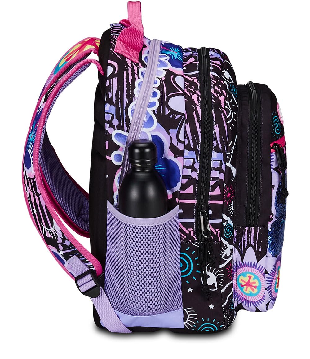 Mitama Zaino Triplo Scomparto Flower Fashion con Tasca frontale, Viola e Nero, Scuola Elementare e Tempo Libero, Bambina Ragazza