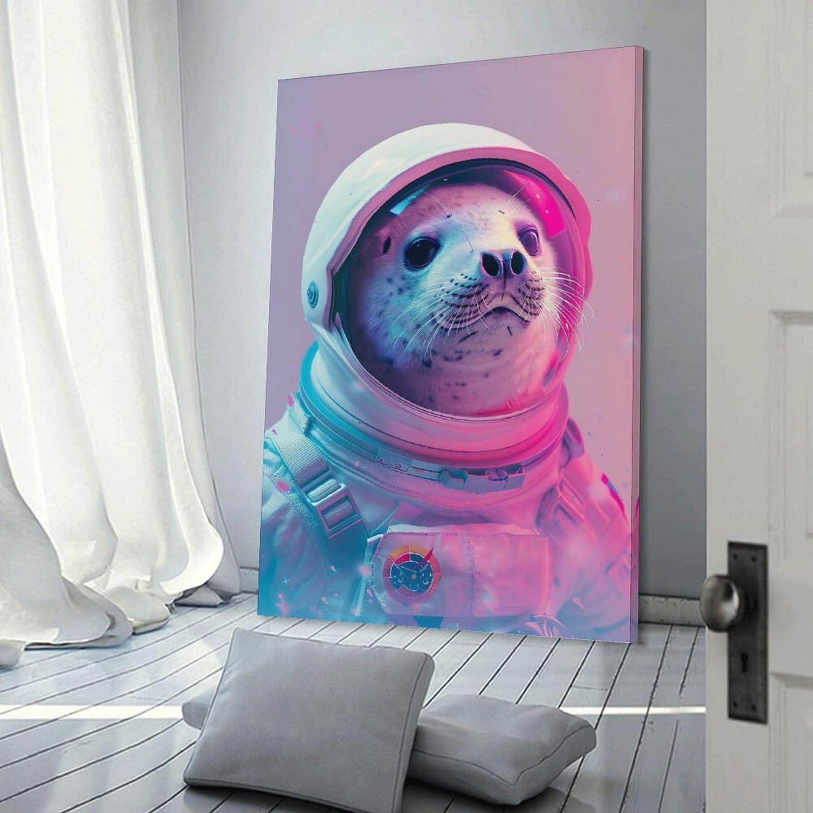 Junmoney Seal Astronaut Wall Art Print, 24x36inch(60x90cm), for Wall Displays, Bedrooms Or Room Updates, A Versatile Canvas Print for Layering