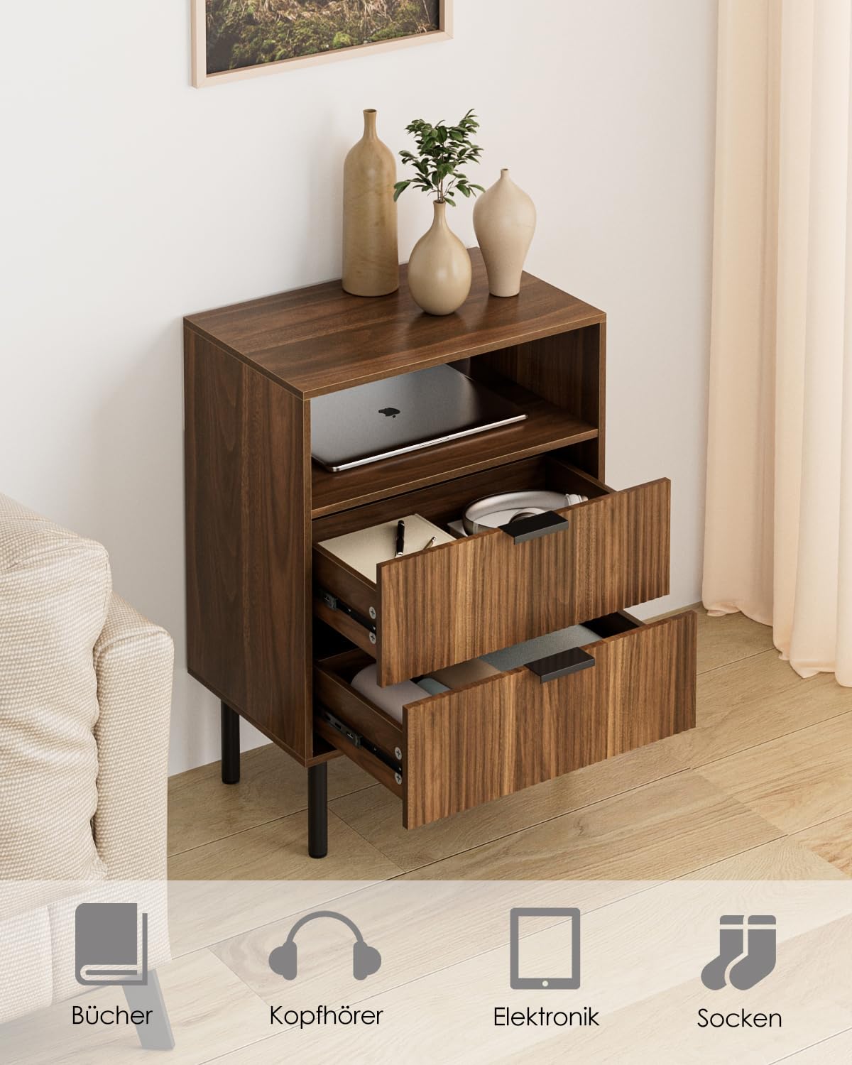 Nachttisch mit 2 Schubladen, Nachtschrank Holz, Walnuss