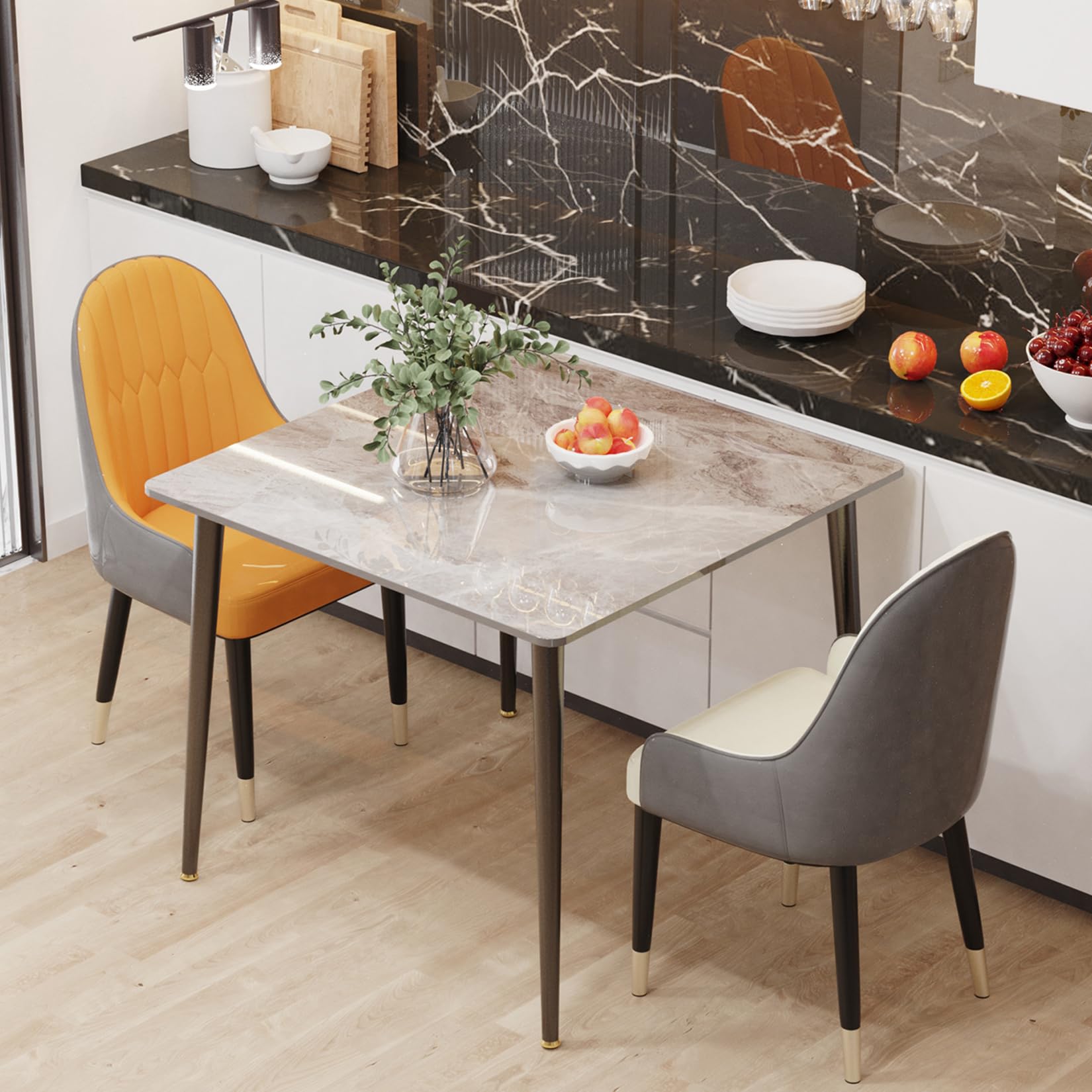 FATIVO Tavolo da Pranzo Marmo Quadrato 80x80cm: Cucina 4 Posti, Soggiorno Moderno Antigraffio, Scandinavo Grigio Lucido Raffinato da Ristorante, Metallo Telaio