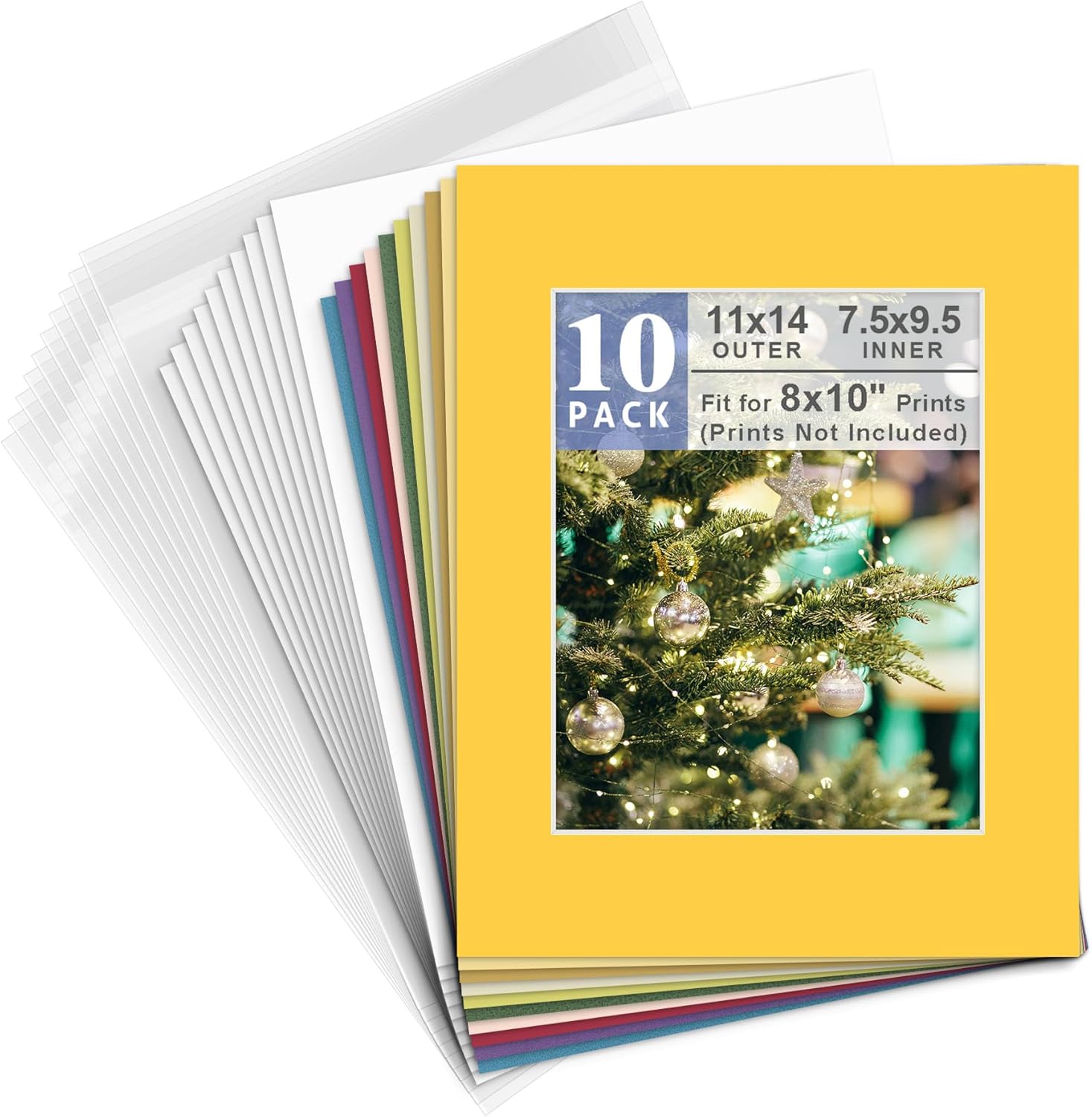 Golden State Art, Pack of 10 Mixed Colors Pre-Cut 11x14 Picture Mat for 8x10 Photo with White Core Bevel Cut Mattes Sets. Includes 10 High Premier Acid Free Mats & 10 Backing Board & 10 Clear Bags