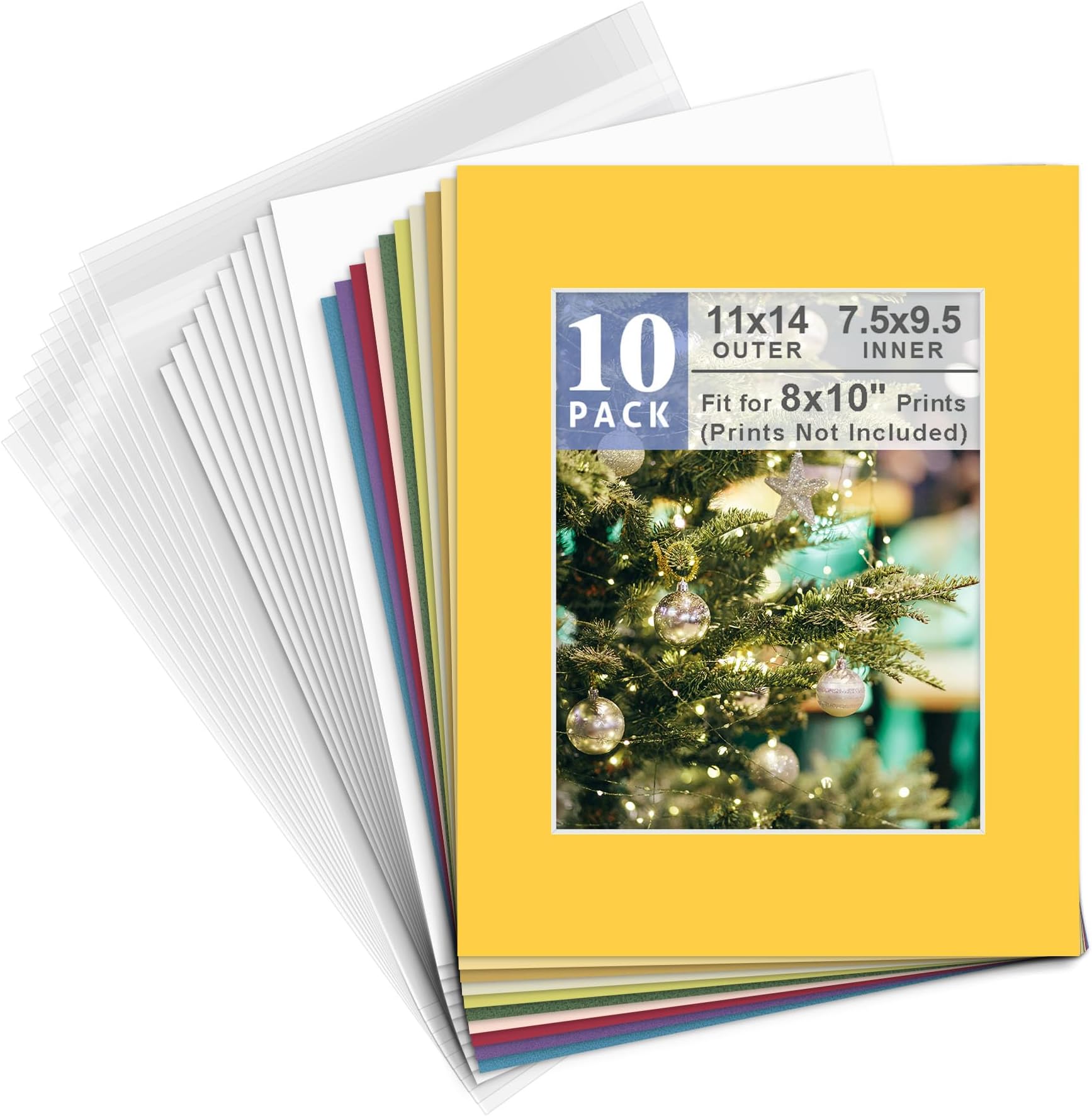 Golden State Art, Pack of 10 Mixed Colors Pre-Cut 11x14 Picture Mat for 8x10 Photo with White Core Bevel Cut Mattes Sets. Includes 10 High Premier Acid Free Mats & 10 Backing Board & 10 Clear Bags