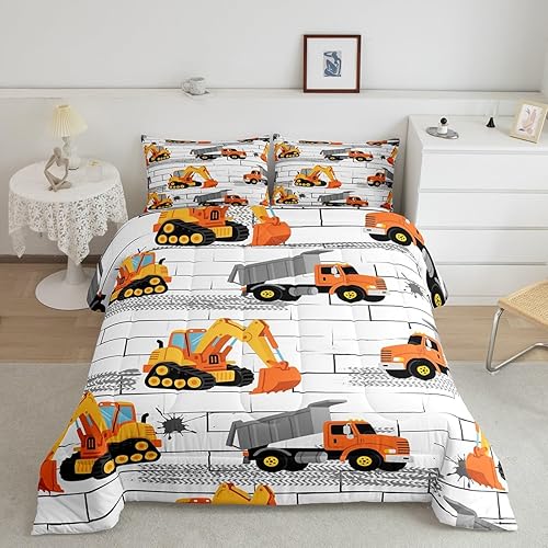 Miniatura 5 de Manfei Juego de edredón de excavadoras, tamaño individual, juego de edredón de tractor y camión con 1 funda de almohada, juego de ropa de cama de