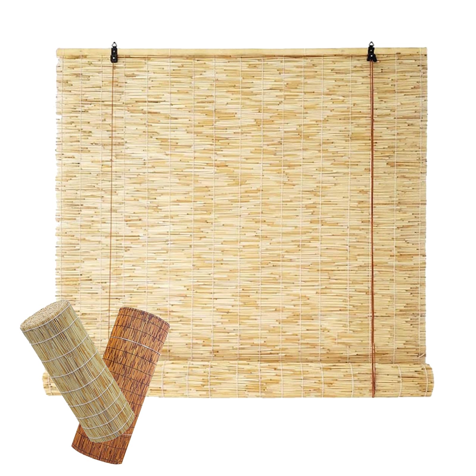Zghgeuo R-01 Outdoor Roller Reed Blinds Natural Retro Roll-Up Reed Shade With Lifter 40 60 80 100 120 140 160 170 Cm Curtains Roman Made To Measure Blind Bamboo For Kitchen Windows Door Pergol Balcony
