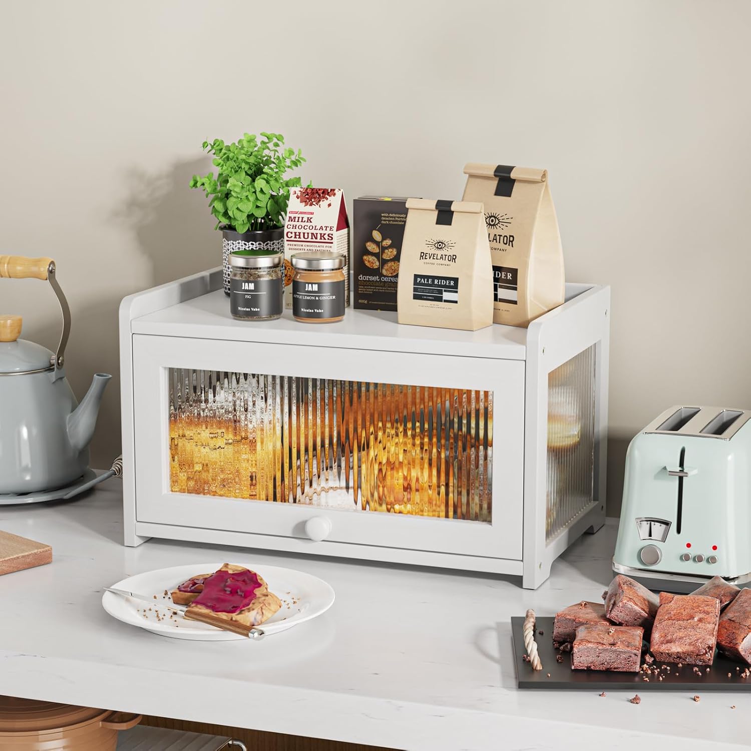 BAMBANG Bamboo Bread Box for Kitchen Countertop, Extra Large Farmhouse Bread Box with 4-Side Clear Panels, Wooden Bread Storage Container for Homemade Bread, White