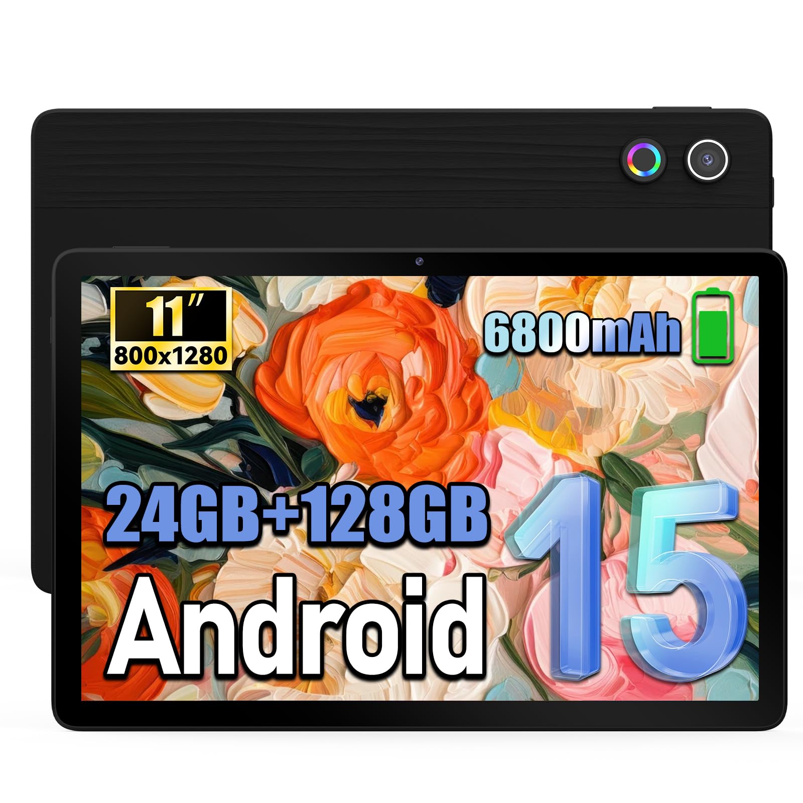 Whitedeer Tablet 11 Pulgadas Android 15, 24GB RAM+128GB ROM (1TB Expandible), Batería 6800mAh, IPS 1280×800, Octa-Core, WiFi 6+BT5.4, Widevine L1, 5MP+8MP, Reconocimiento Facial, Negro