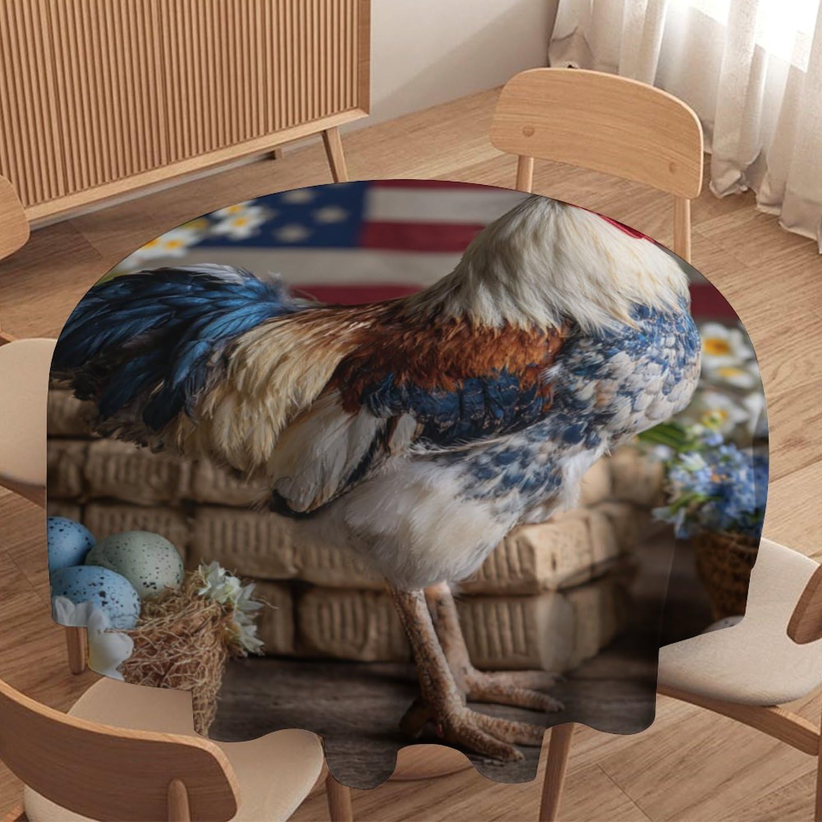 LUYYSKY Vintage Classic Animal Chicken Round Tablecloth Beautiful Patriotic American Flag Daisies Flowers Animal Rooster Washable Decor for Table Cover for Kitchen-177.8" Wx177.8 L cm