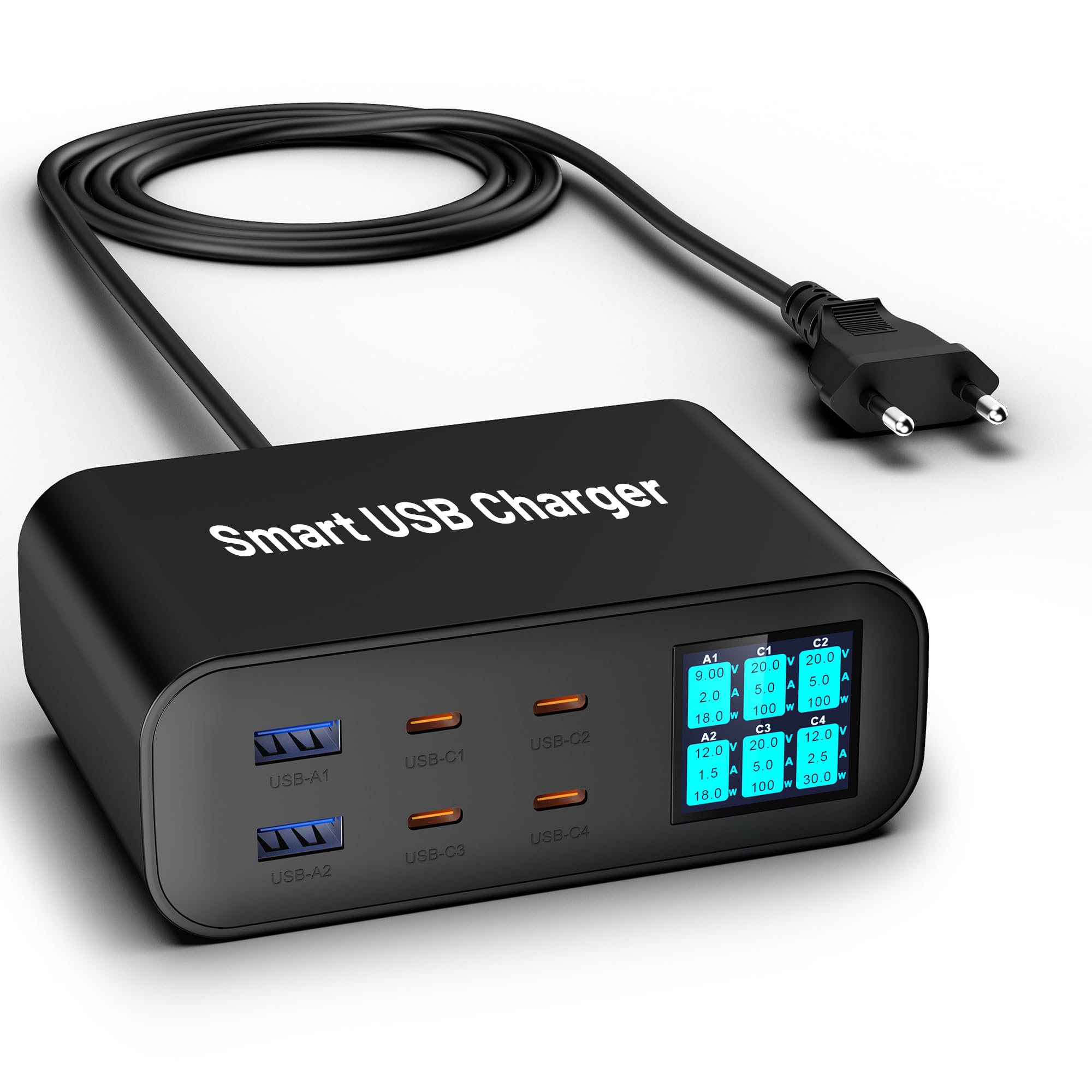 Stacja ładująca USB C, 200 W, 6-portowa stacja ładująca GaN, wieloportowa ładowarka do szybkiego ładowania, kompatybilna z iPhone 16/15/14 i MacBook Air/Pro, HP, Dell i innymi (czarna)