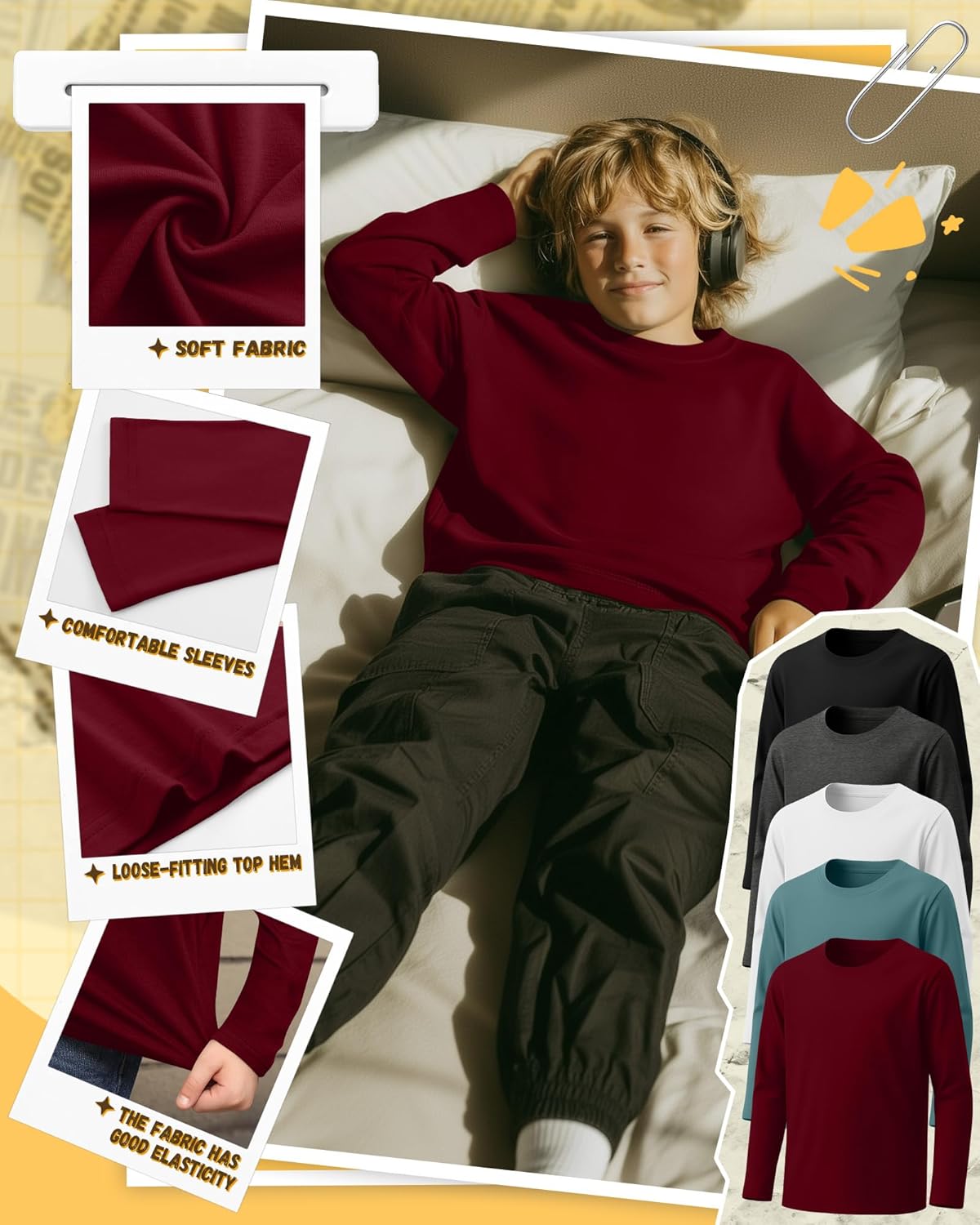 5 Pack Boys' Long Sleeve Shirts 3-16 Years Crew Neck Kids T-Shirts Teen Baggy Casual Layer Solid Tops - Image 3