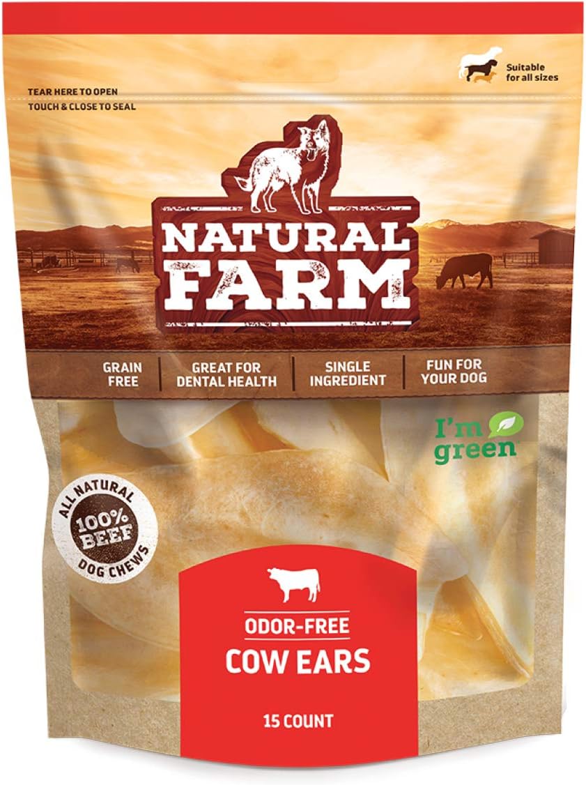 Natural Farm All Natural Whole Cow Ears for Dogs (15-Pack) Pure Cow Ears with NO Hormones - Made & Packaged at Our Own Food-Grade Facility