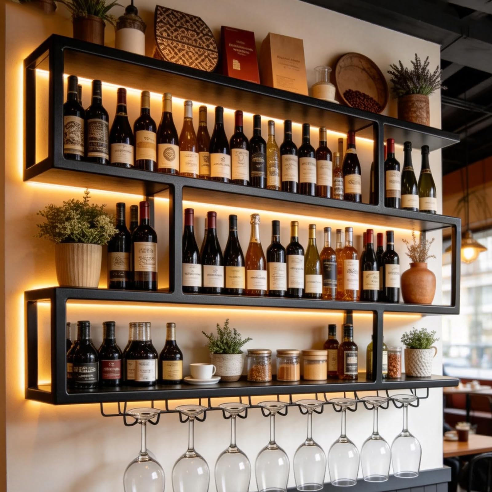 Botellero de Pared para Vino con Luz LED Cálida - Botellero Industrial de Pared Vertical de 4 Niveles, Estantería Flotante con Soporte para Copas Colgante para Bar, Cocina y Comedor(100cm)