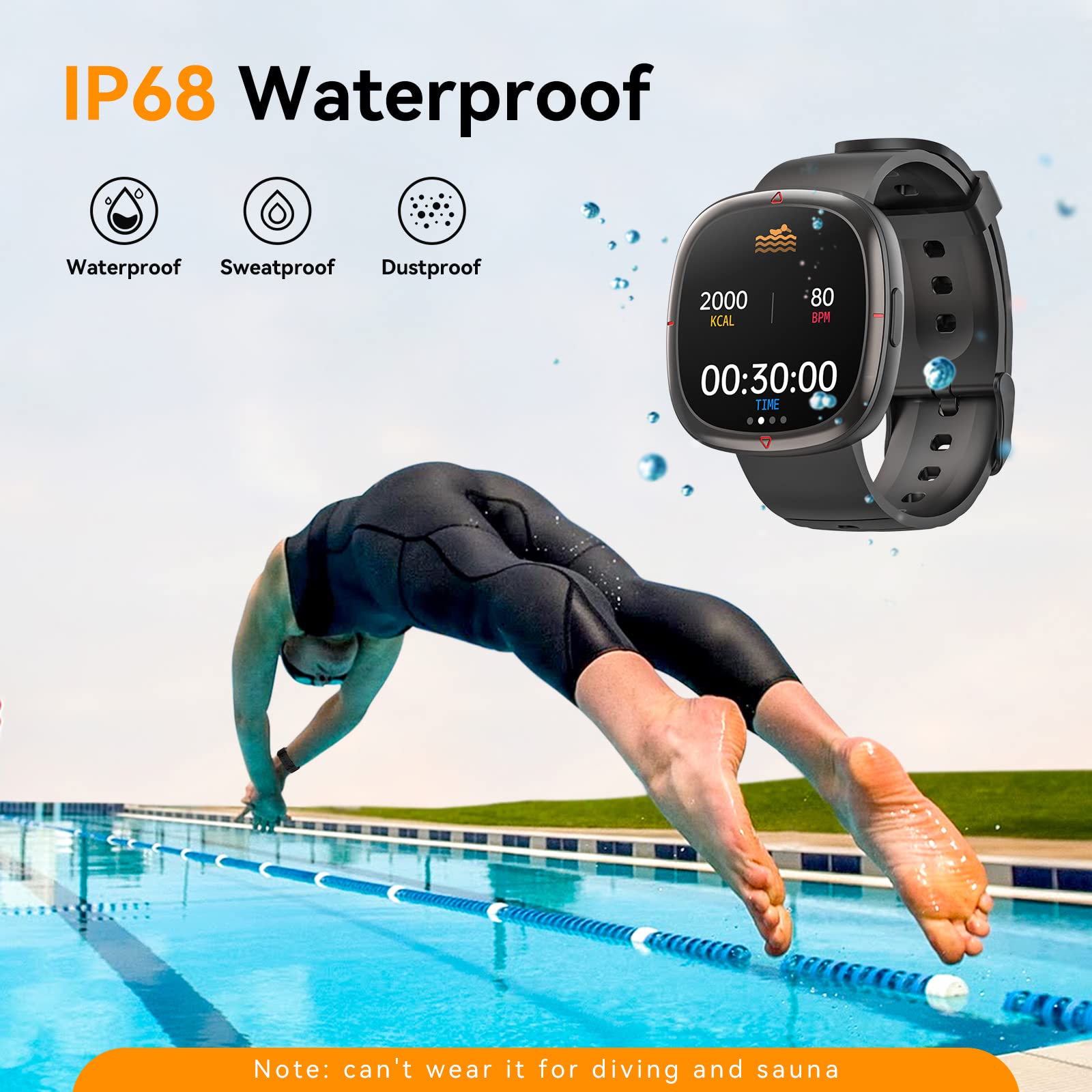 Swimmer in a pool, with the Mingdaln Smart Watch displaying IP68 waterproof icon