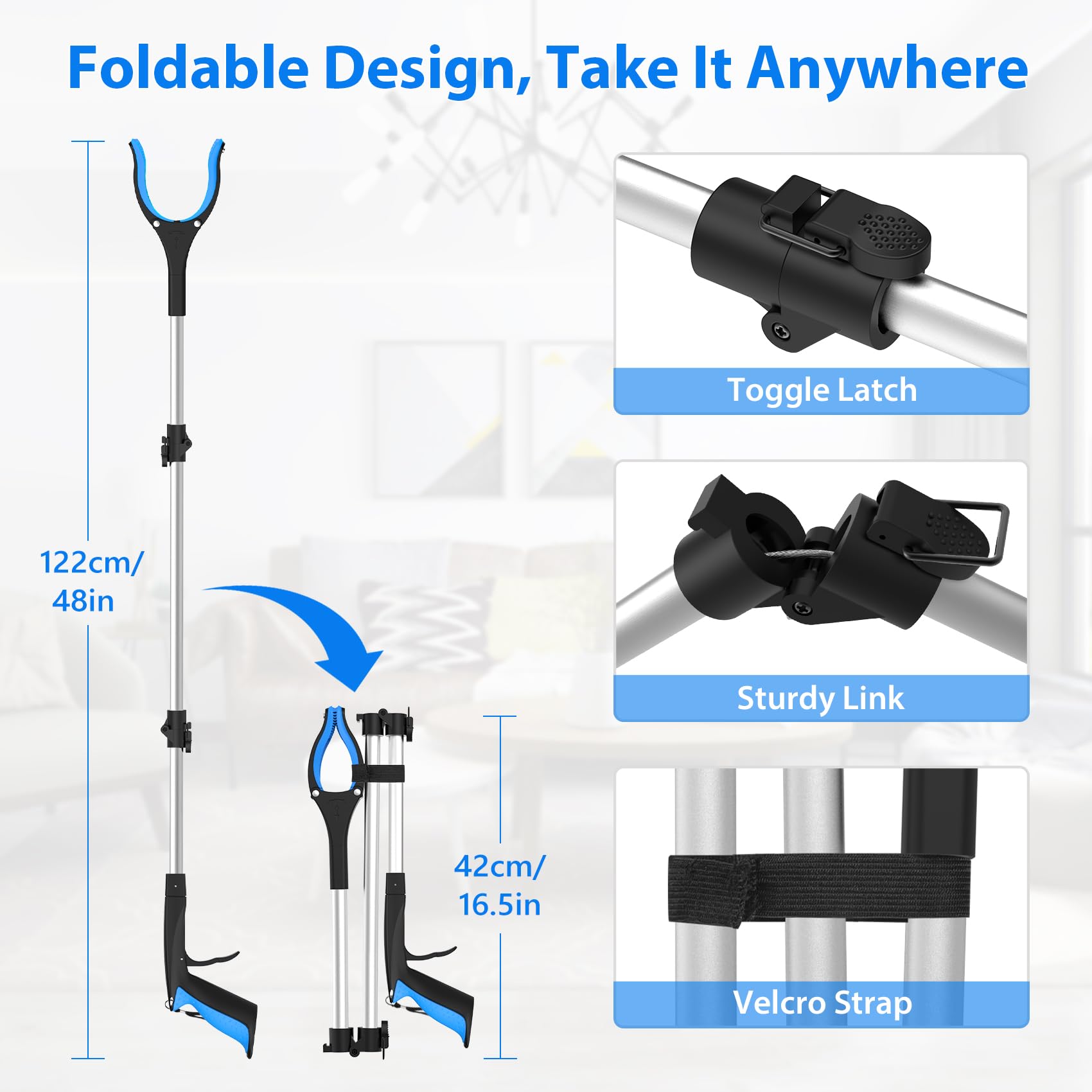 122 cm lange Streupflücker – extra langer Greifer für ältere Menschen mit 360° drehbarem Kopf, Katzentoilette für schwer erreichbare Stellen und ergonomisches Design (blau)