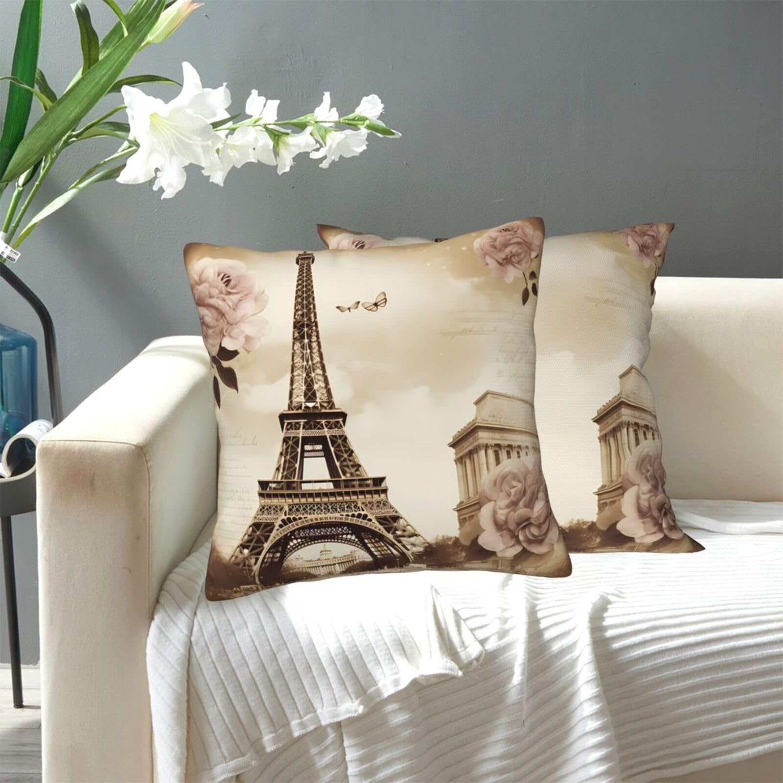FekiLoot Decorative Throw Pillow Covers Modern Farmhouse Pillowcase Double Sided Cozy Cushion Cover for Sofa Couch Bed 20"X20" Vintage Paris Eiffel Tower Butterfly