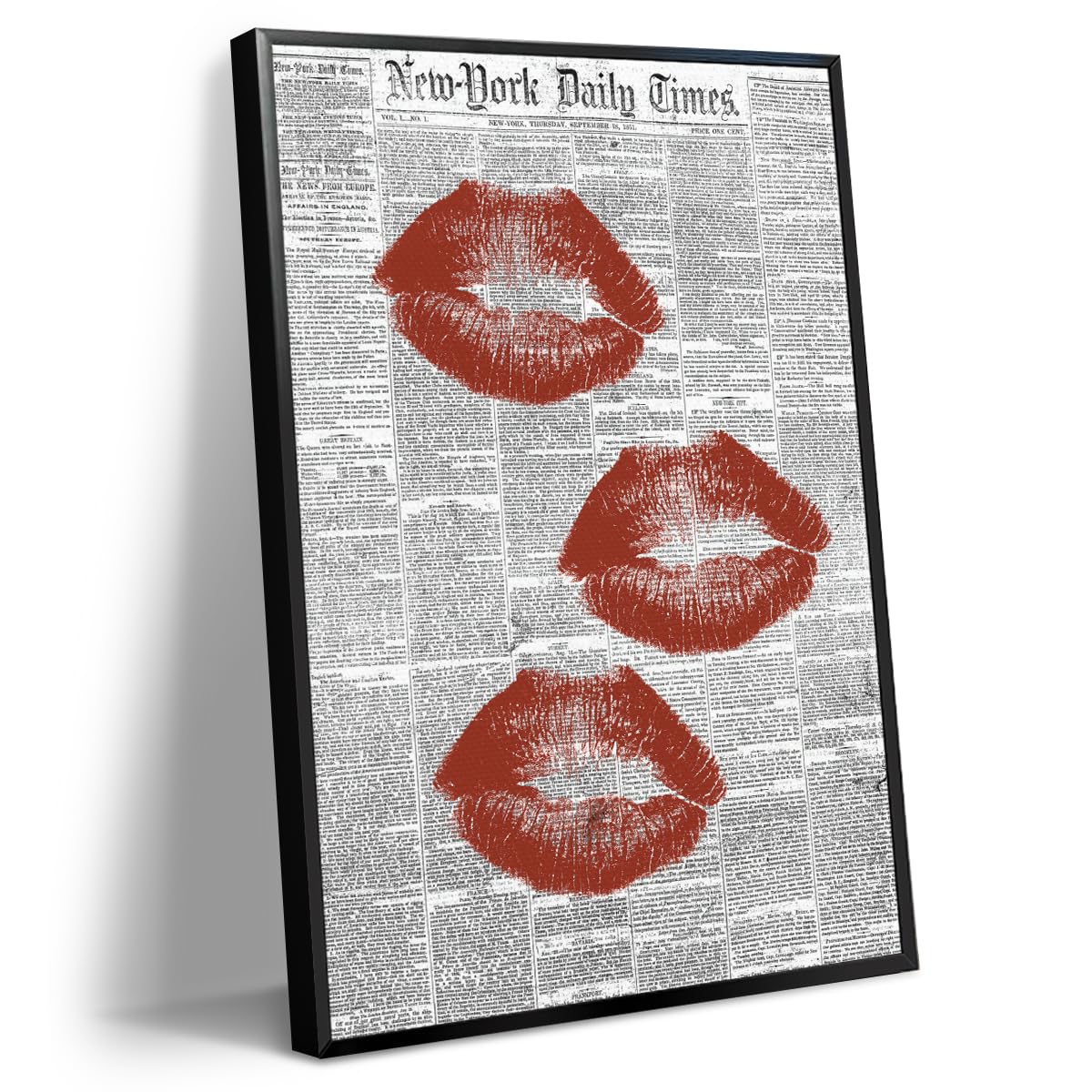 Abrtolpffo Kiss Lips Black White Newspaper Canvas Wall Art, Fashion Red Aesthetic Poster, Trendy Girly Sexy Dorm Apartment Picture Painting, Funky Pub Bar Cart Wall Decor 12X16in Unframed
