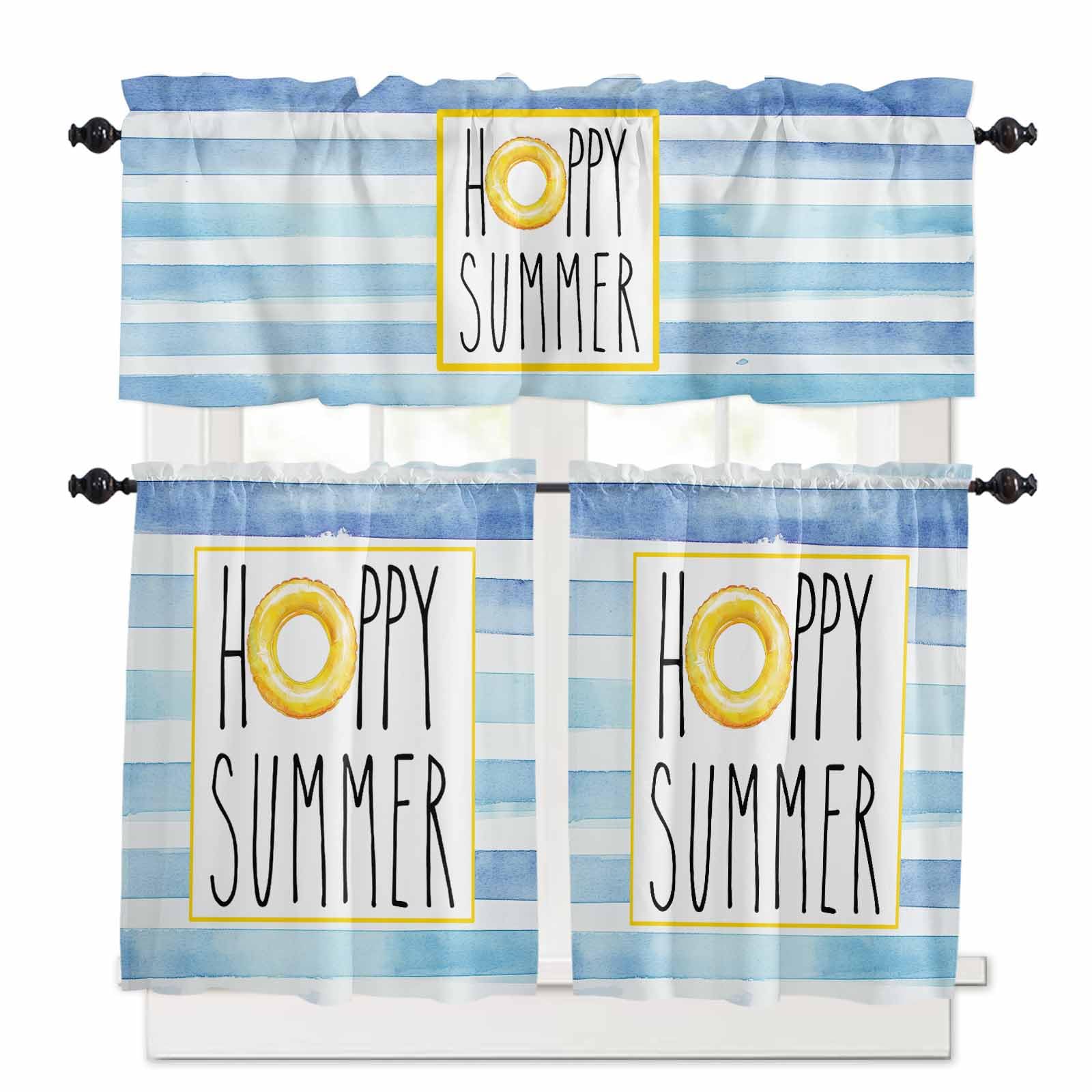 Blue White Striped Kitchen Curtains 36 Inch Length, 3 Piece Rod Pocket Small Half Tiers and Valance Set, Gradient Art Summer Swimming Ring Small Large Window Treatment Decor for Bedroom/Bathroom Sink