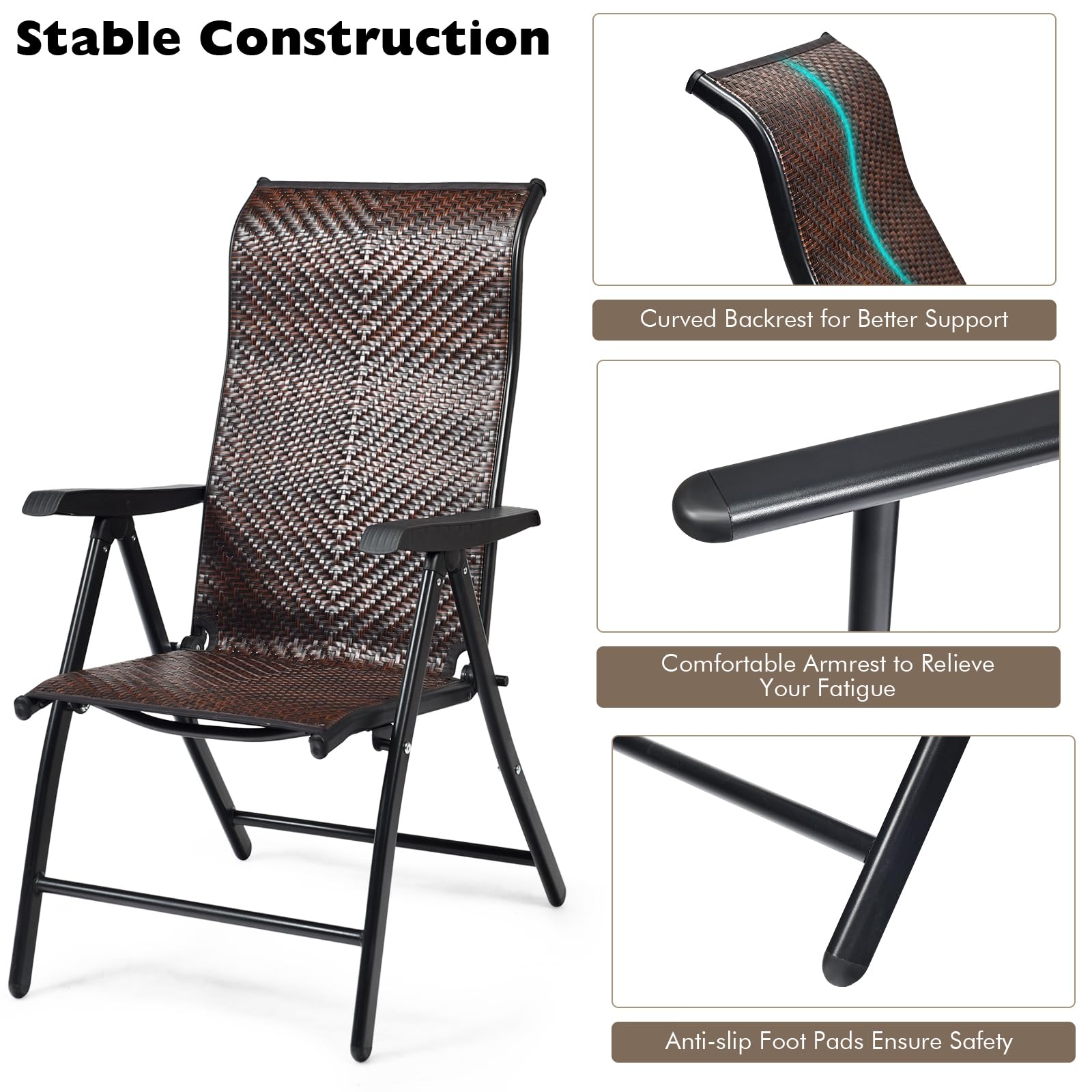 LIFEZEAL Sedia da Giardino in Rattan PE, Sedie Pieghevoli da Interno e Esterno, Poltrona di Vimini con Schienale Reclinabili per Balcone, Sedia a Sdraio con Telaio in Metallo, Portata 120 kg (1)